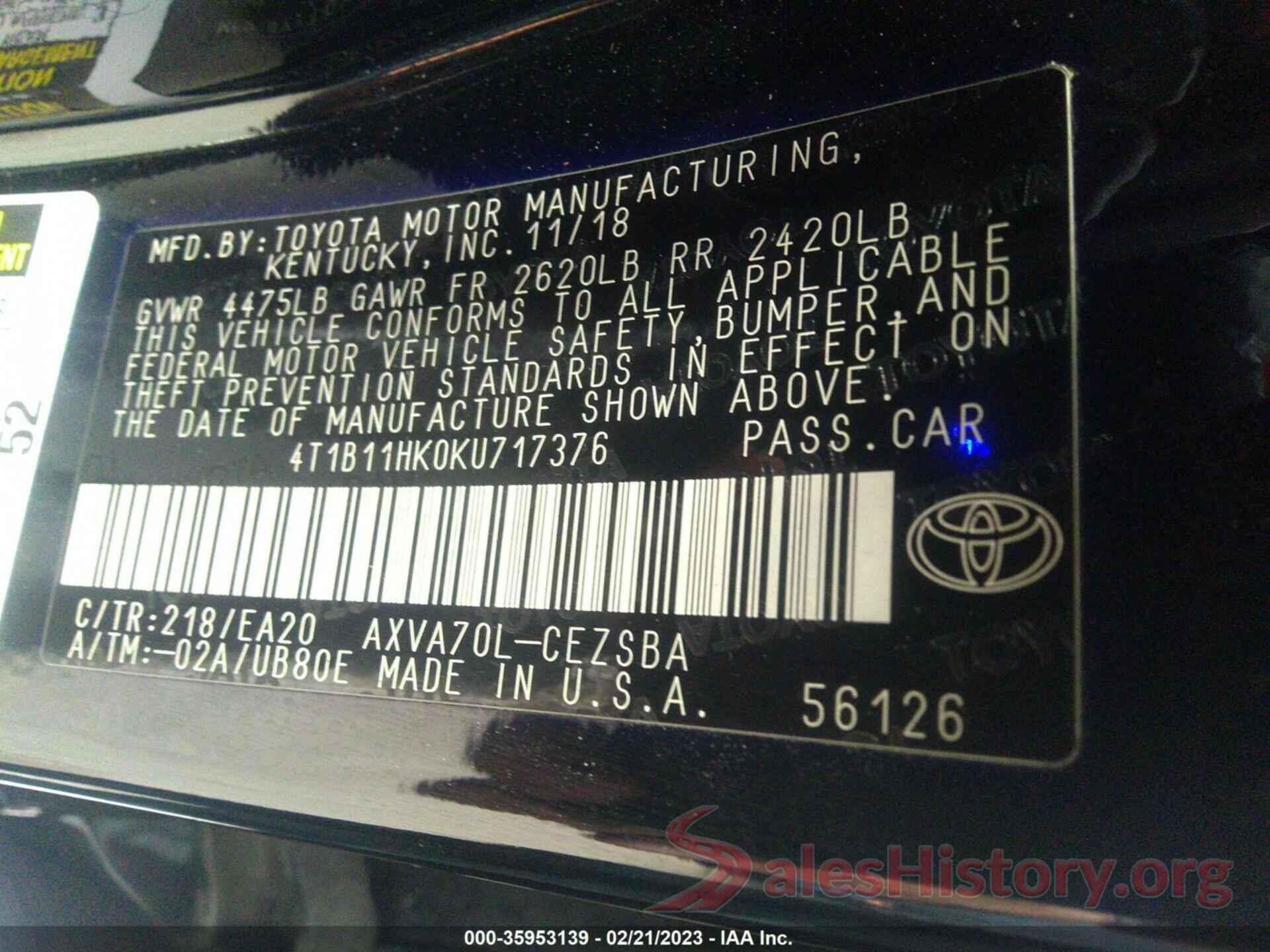 4T1B11HK0KU717376 2019 TOYOTA CAMRY