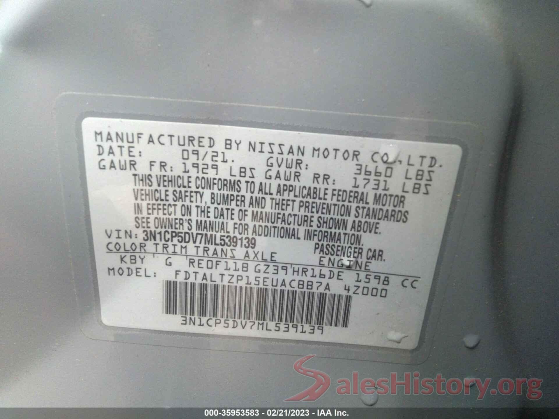 3N1CP5DV7ML539139 2021 NISSAN KICKS