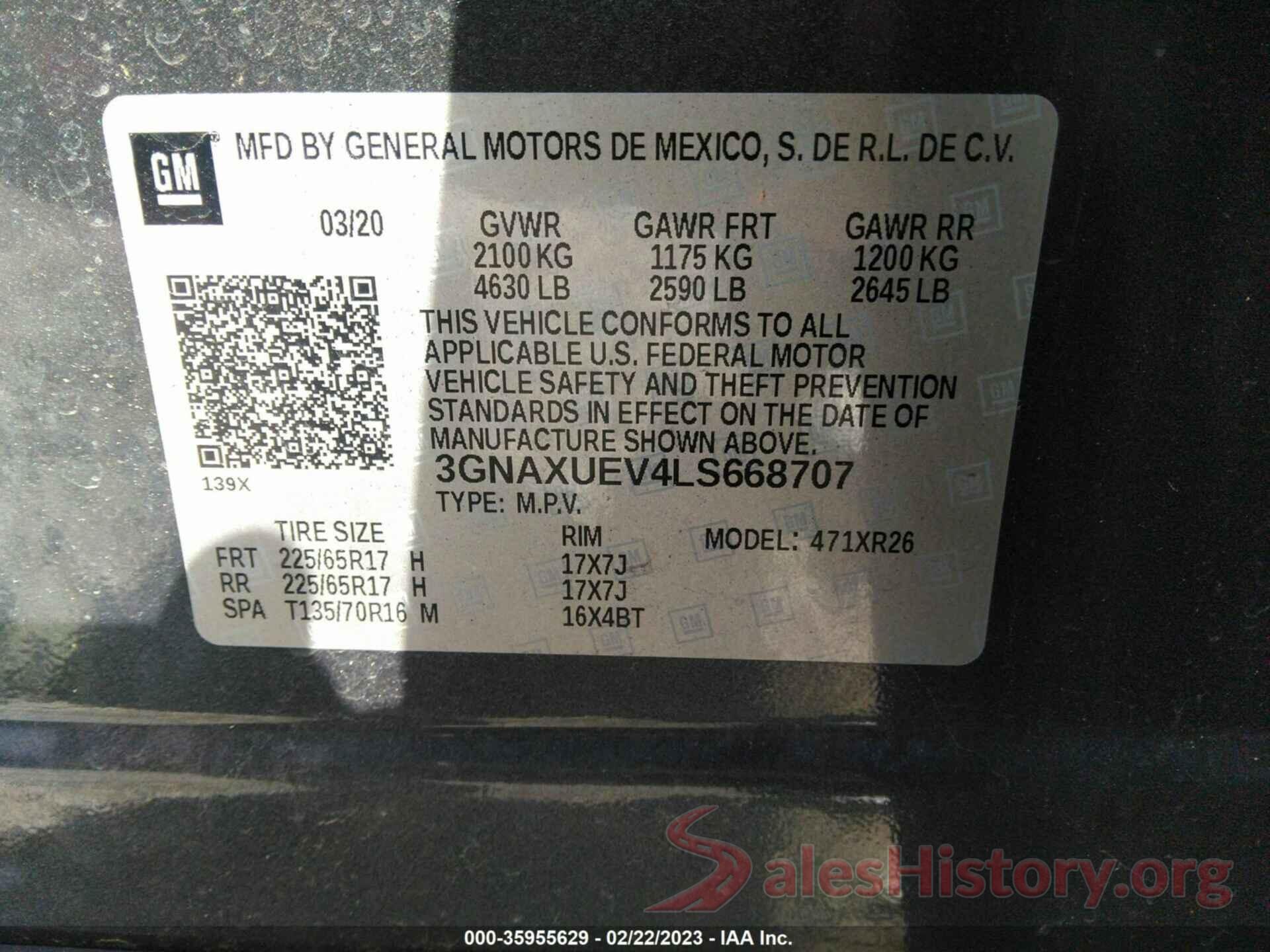 3GNAXUEV4LS668707 2020 CHEVROLET EQUINOX