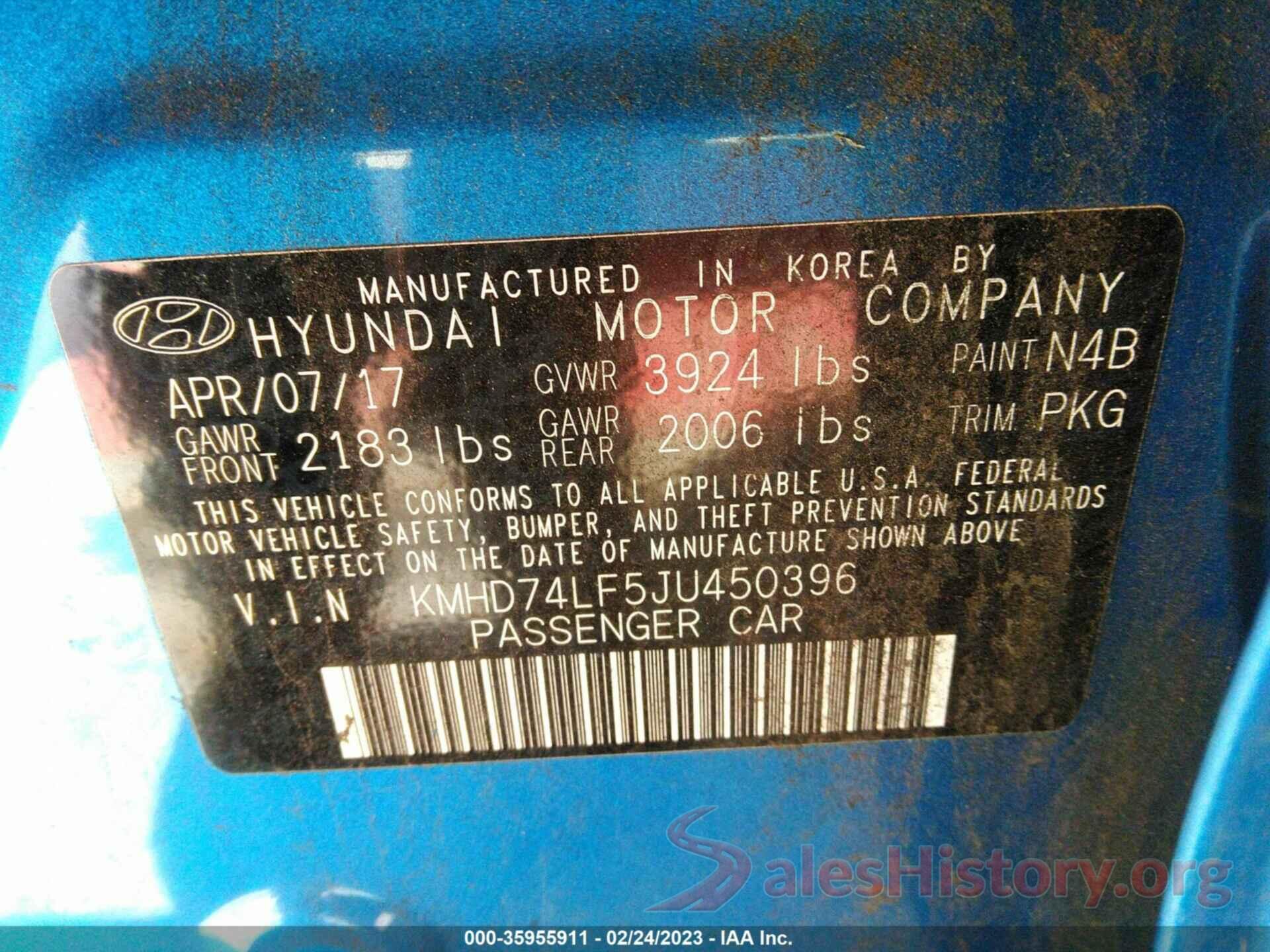 KMHD74LF5JU450396 2018 HYUNDAI ELANTRA