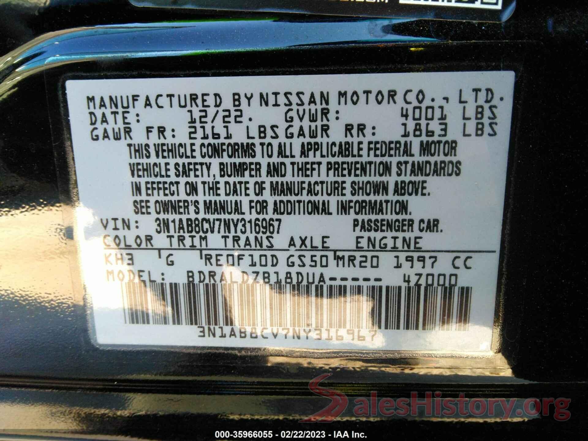 3N1AB8CV7NY316967 2022 NISSAN SENTRA