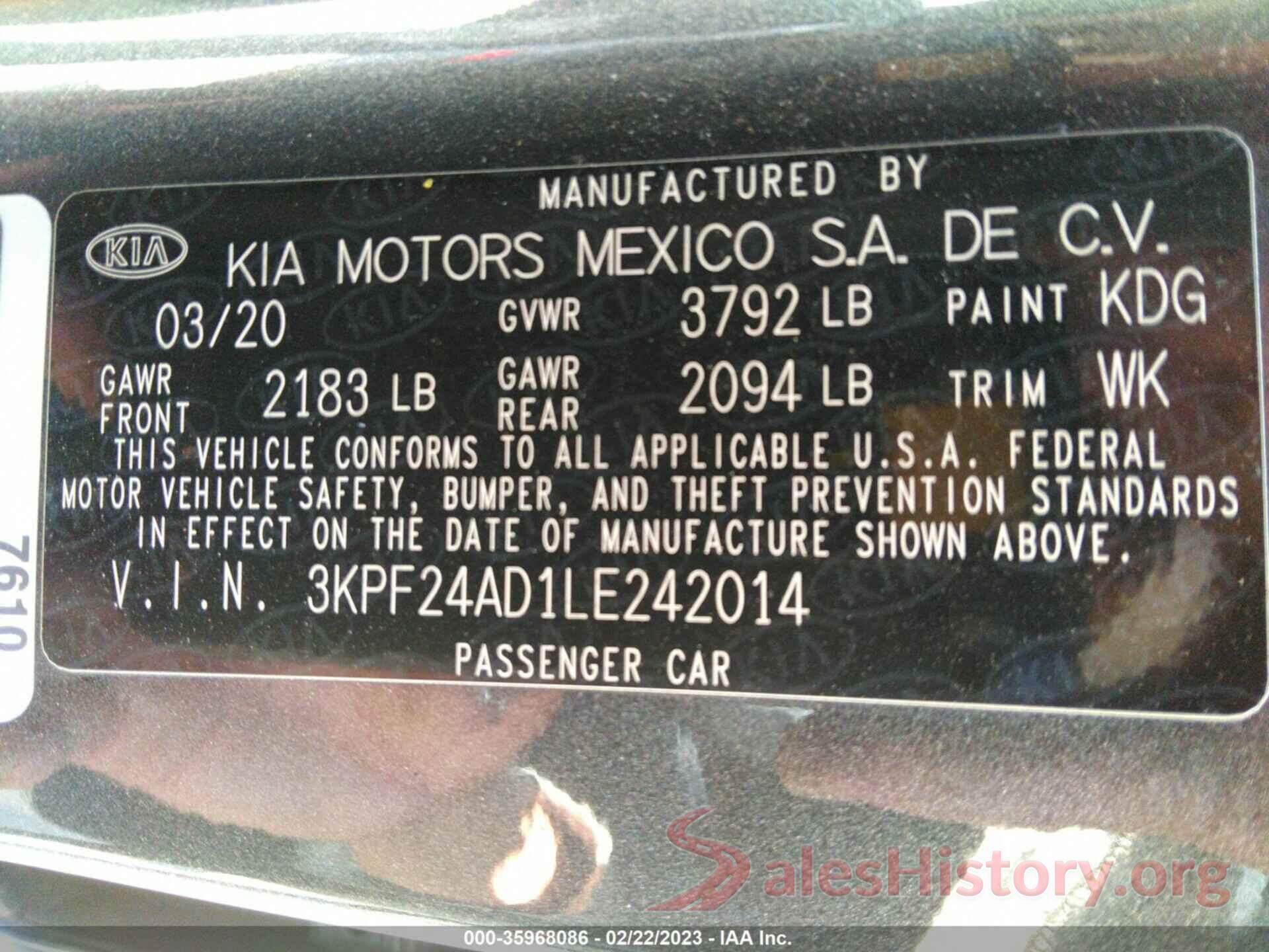 3KPF24AD1LE242014 2020 KIA FORTE