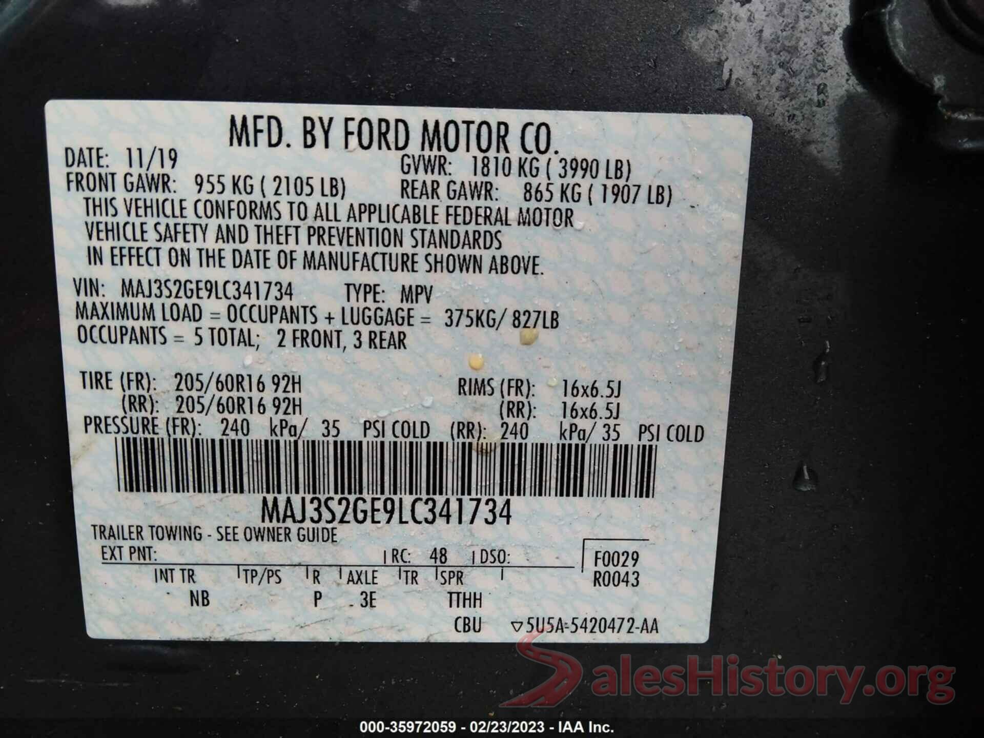 MAJ3S2GE9LC341734 2020 FORD ECOSPORT