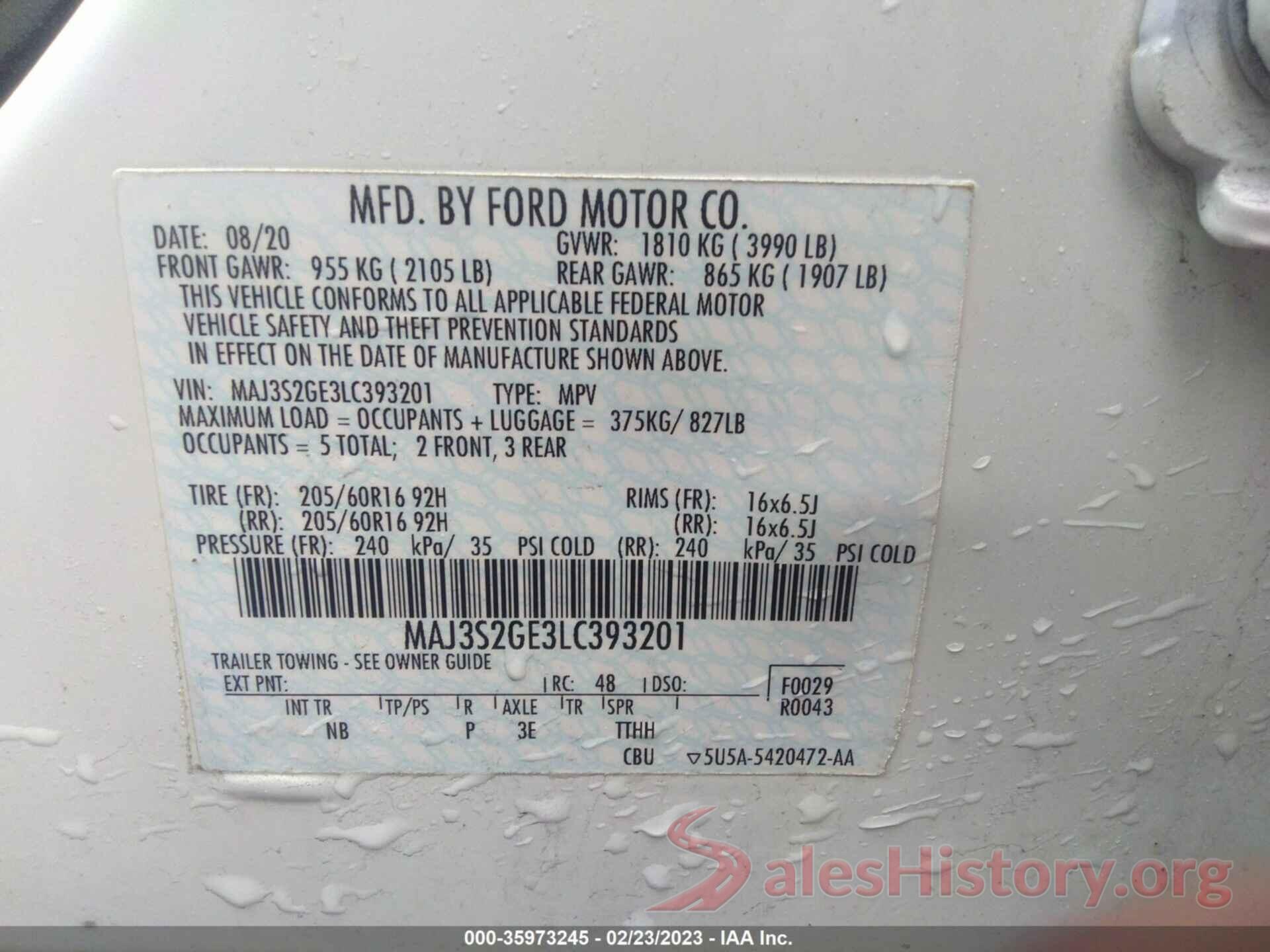 MAJ3S2GE3LC393201 2020 FORD ECOSPORT