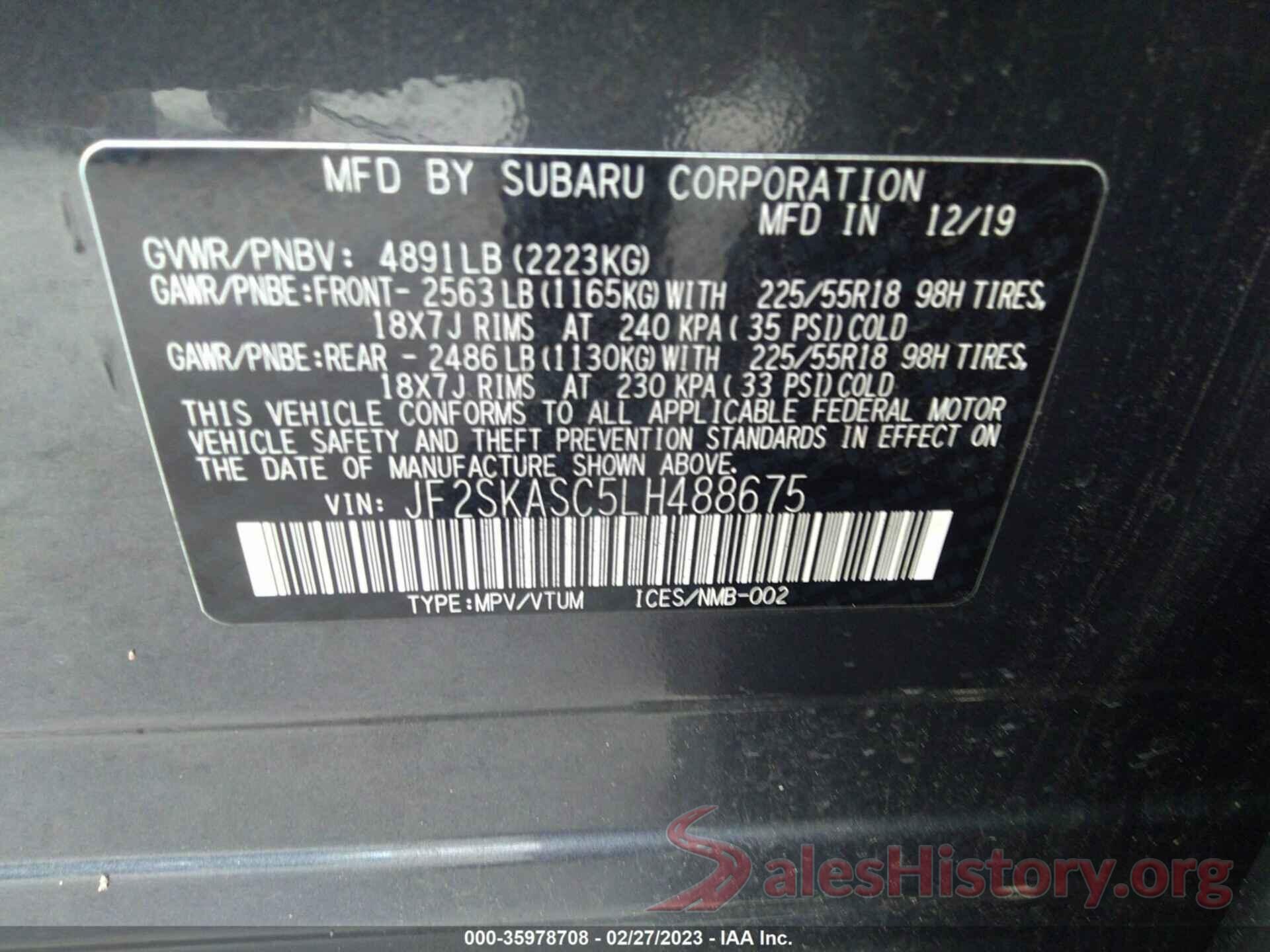 JF2SKASC5LH488675 2020 SUBARU FORESTER