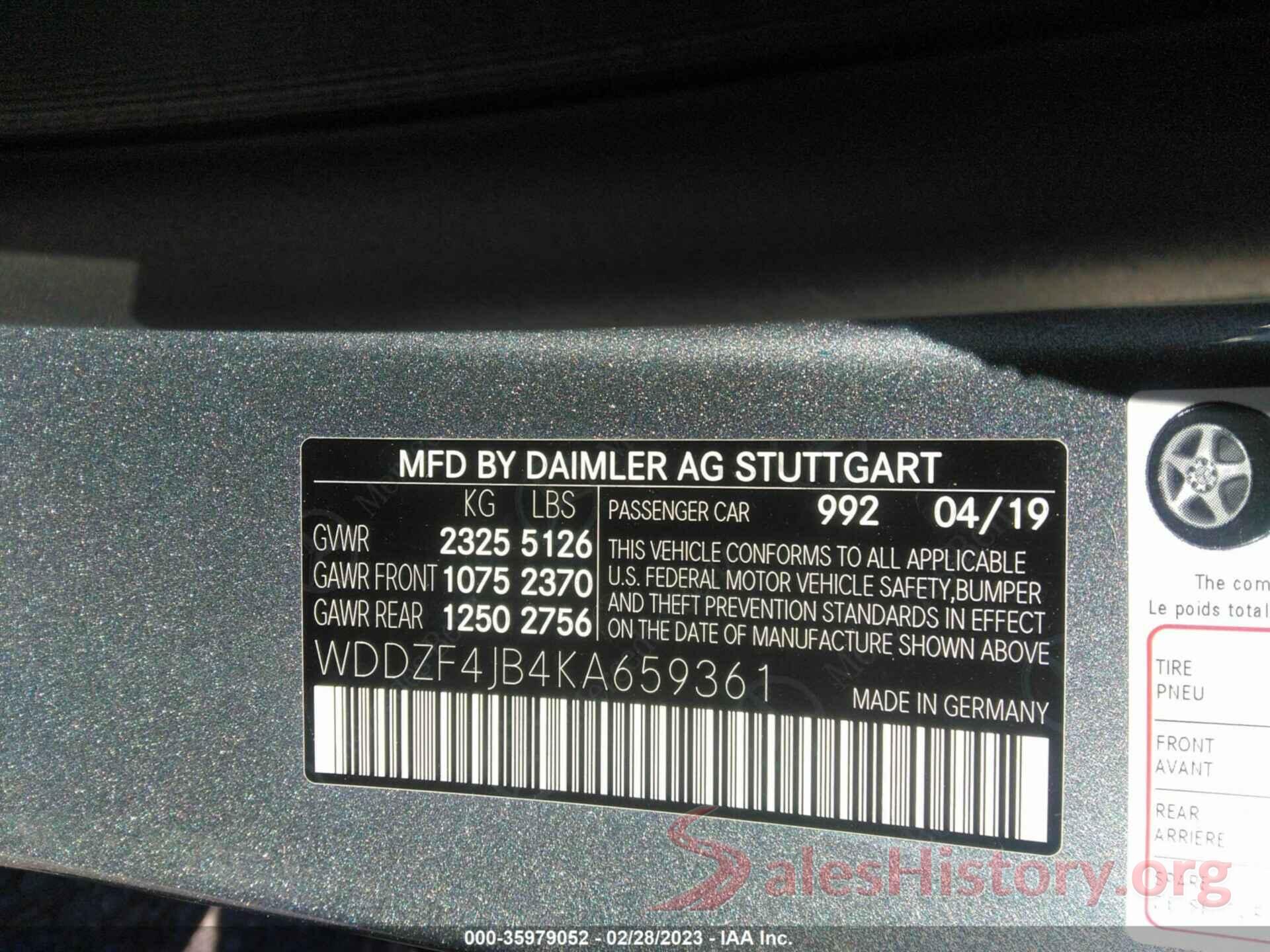 WDDZF4JB4KA659361 2019 MERCEDES-BENZ E-CLASS