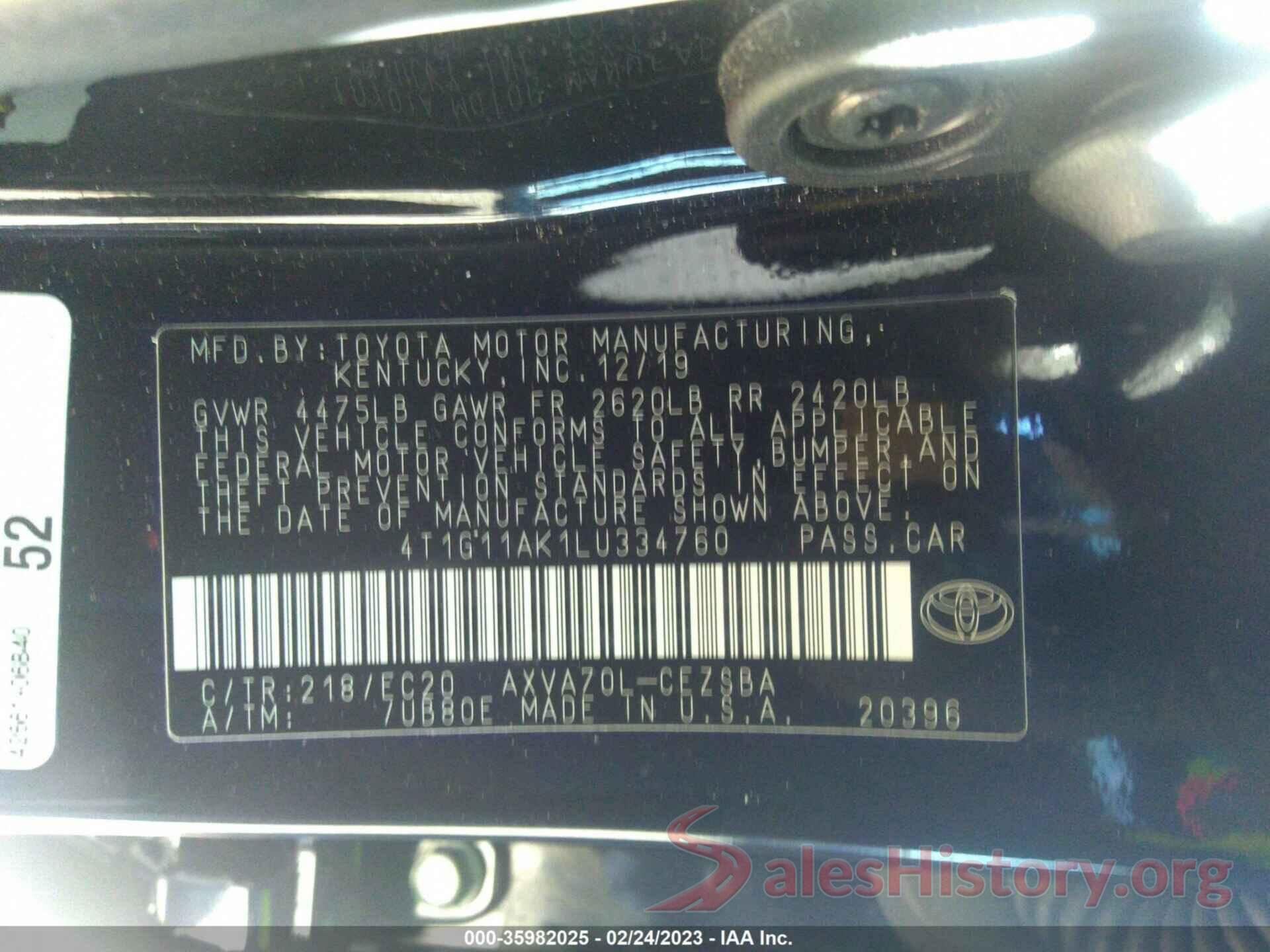 4T1G11AK1LU334760 2020 TOYOTA CAMRY