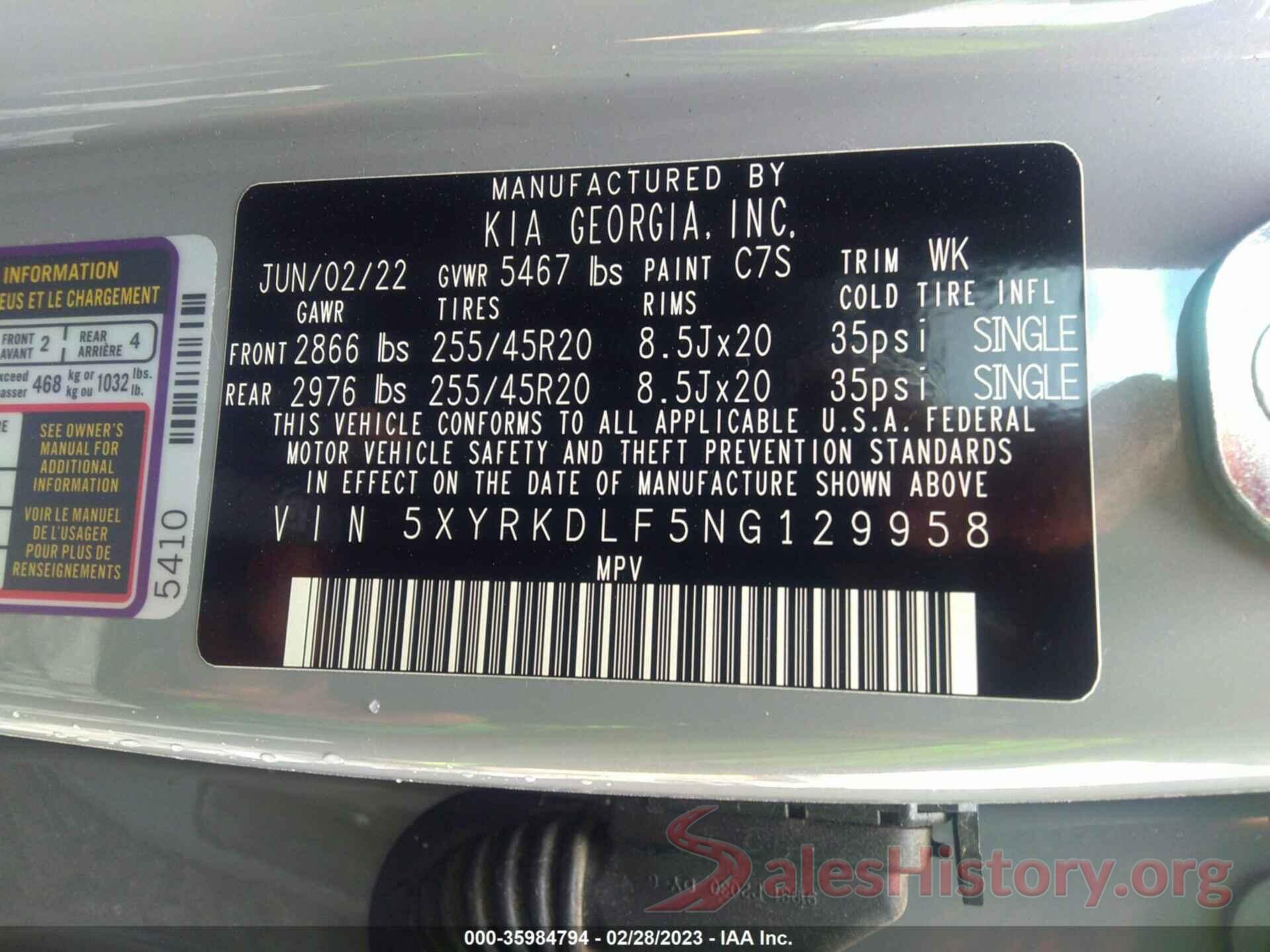 5XYRKDLF5NG129958 2022 KIA SORENTO