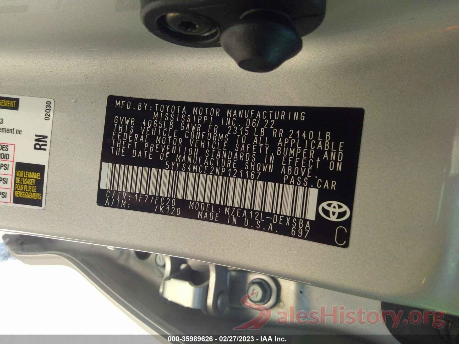 5YFS4MCE2NP121167 2022 TOYOTA COROLLA