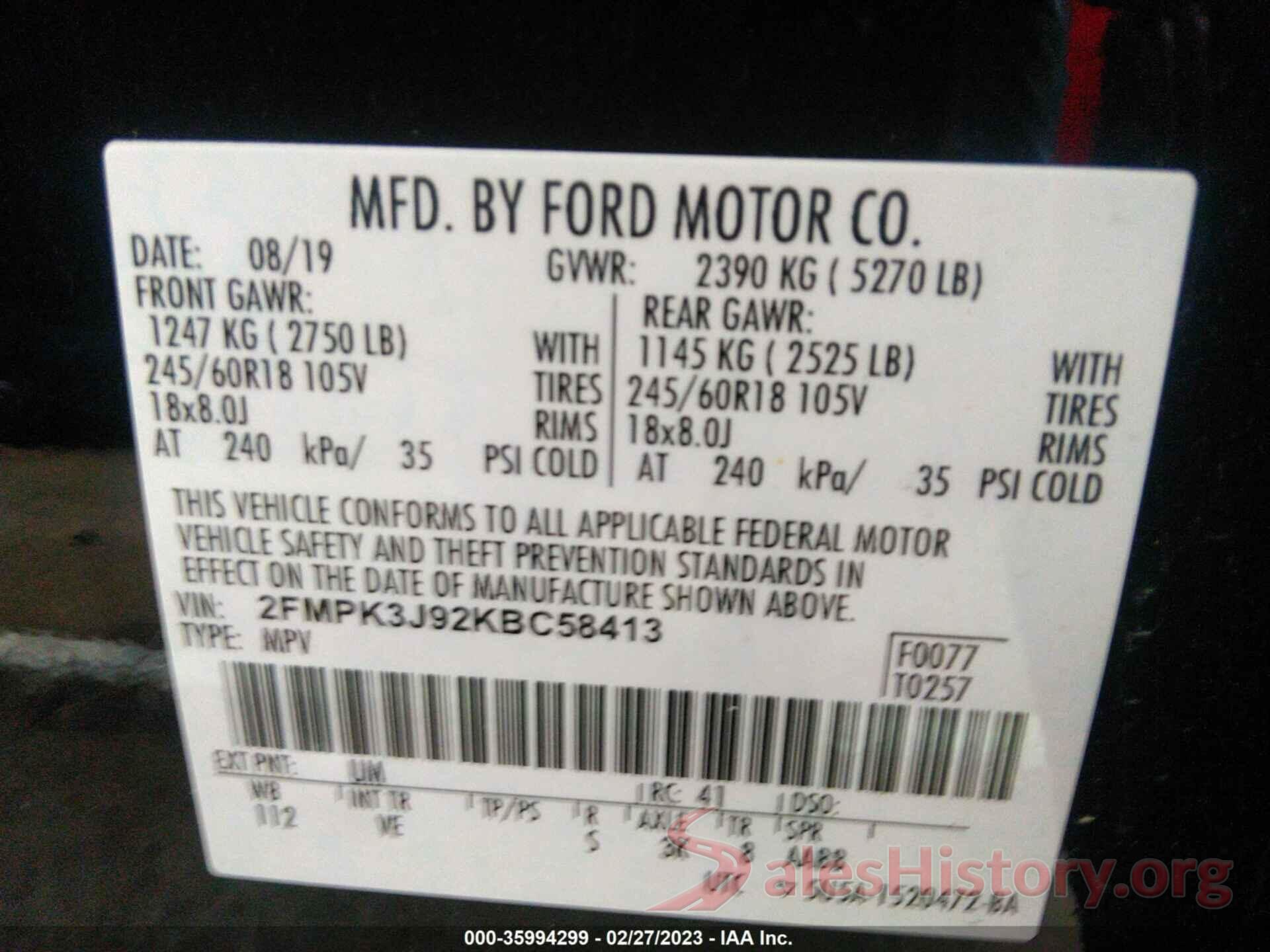 2FMPK3J92KBC58413 2019 FORD EDGE