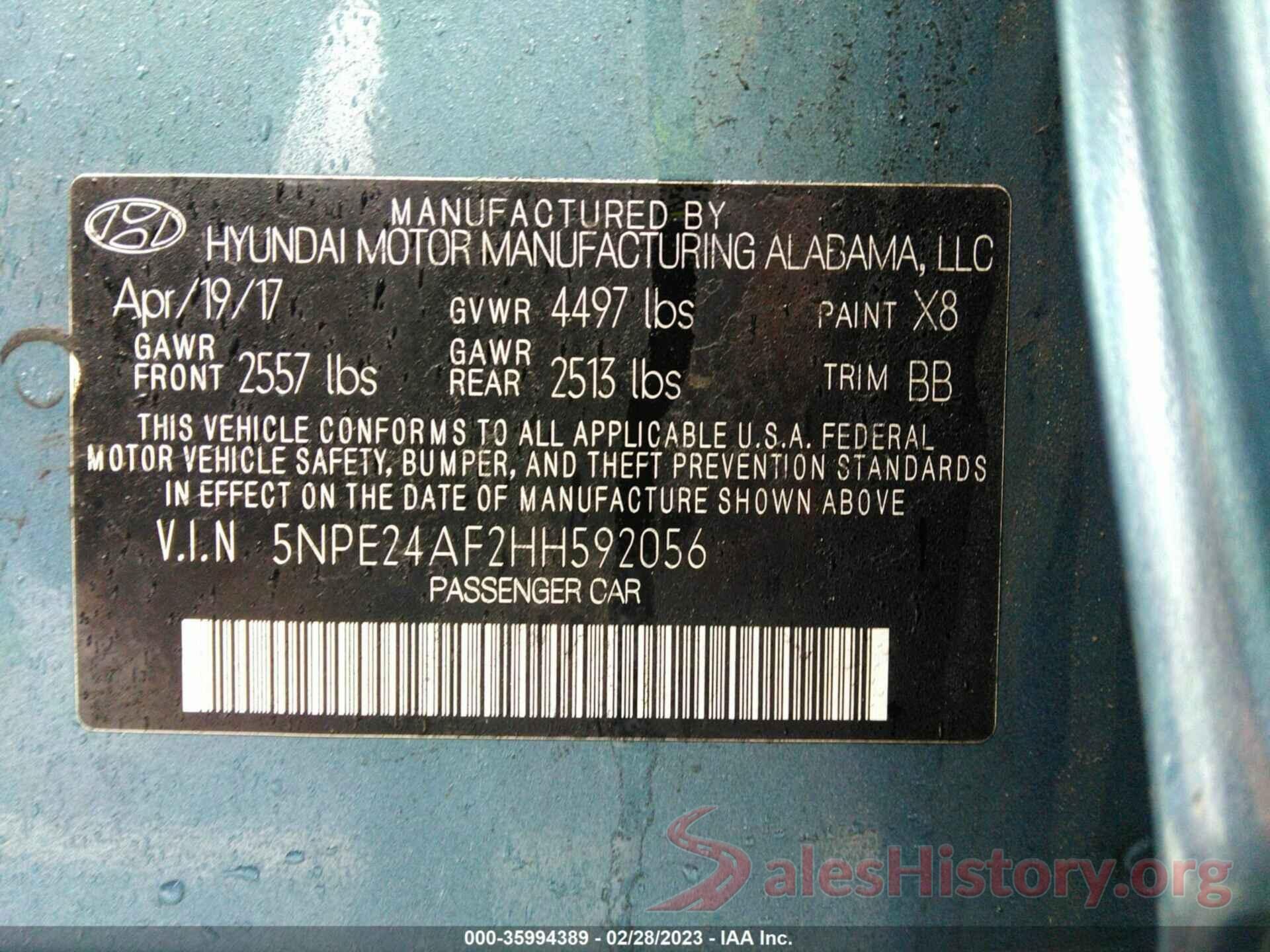 5NPE24AF2HH592056 2017 HYUNDAI SONATA