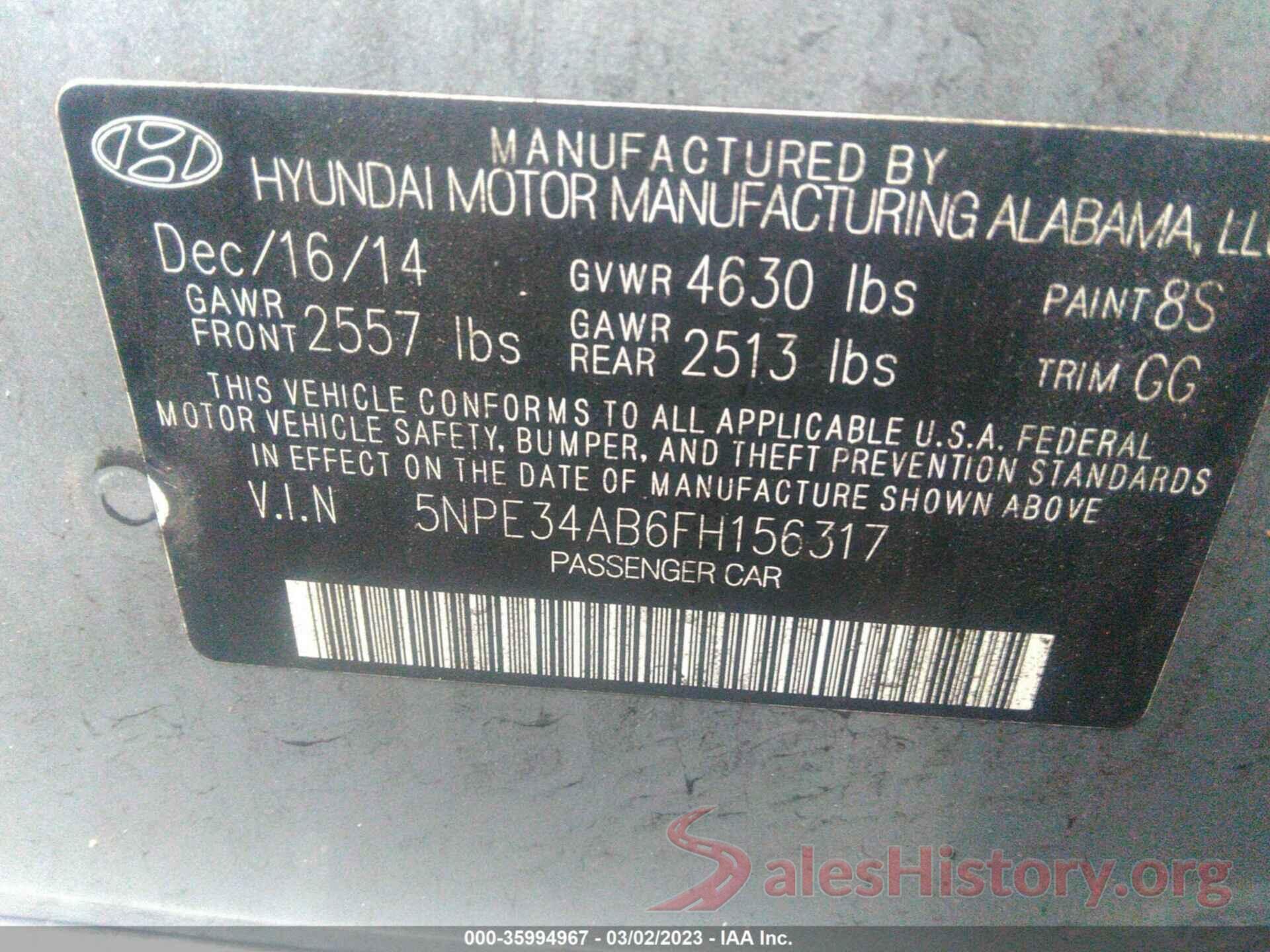 5NPE34AB6FH156317 2015 HYUNDAI SONATA