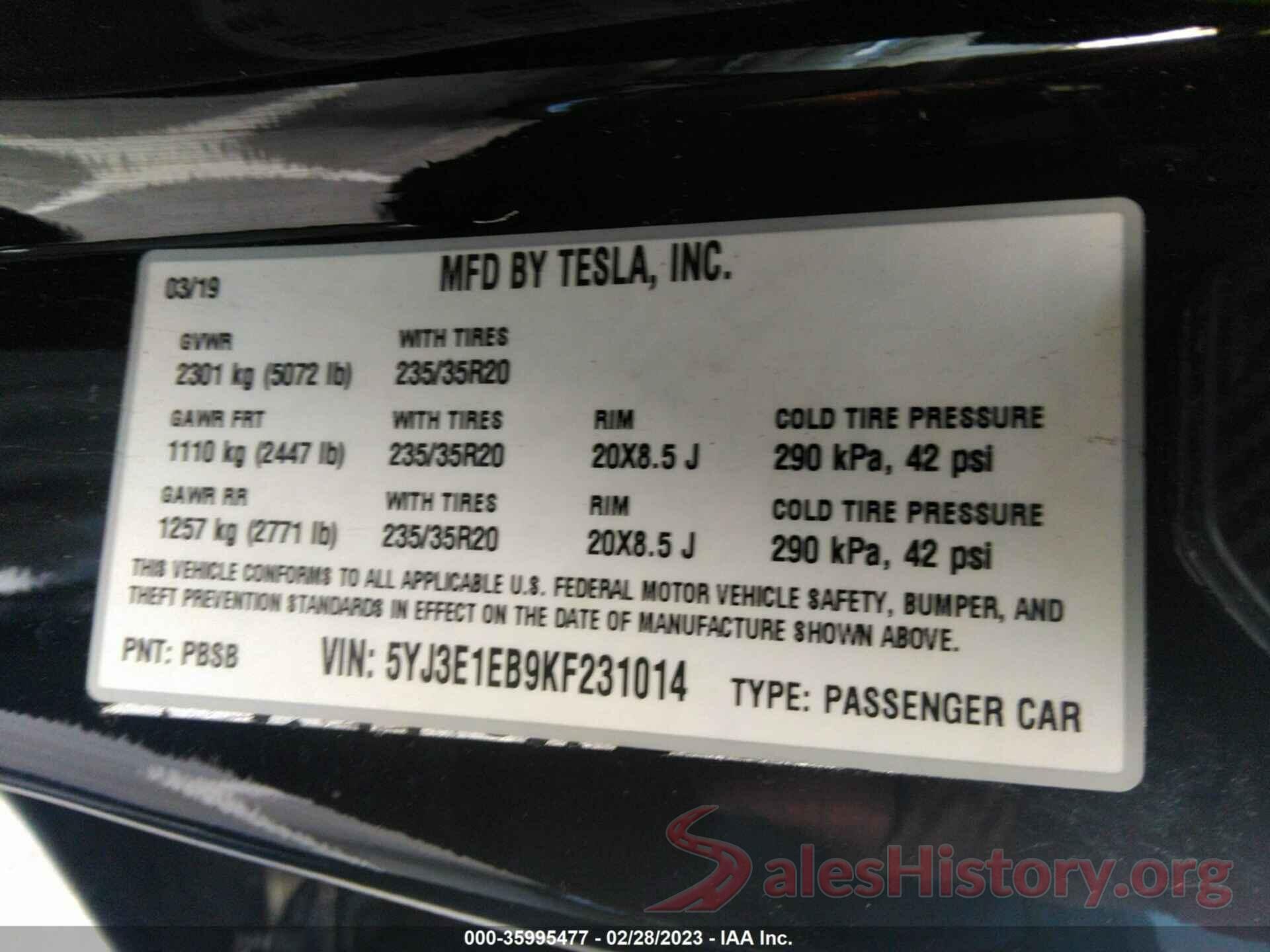 5YJ3E1EB9KF231014 2019 TESLA MODEL 3