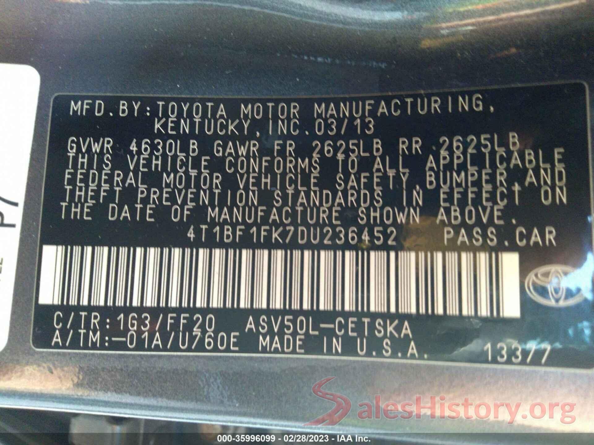 4T1BF1FK7DU236452 2013 TOYOTA CAMRY