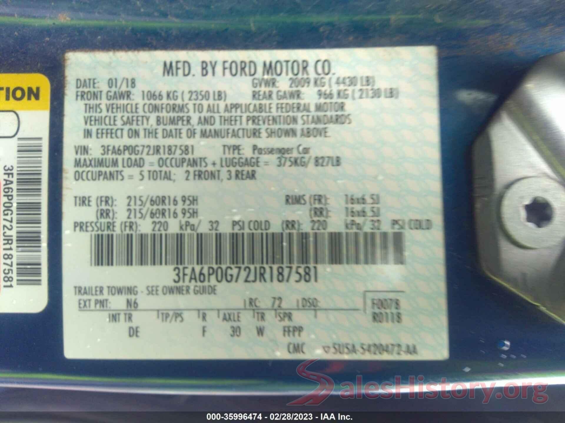 3FA6P0G72JR187581 2018 FORD FUSION