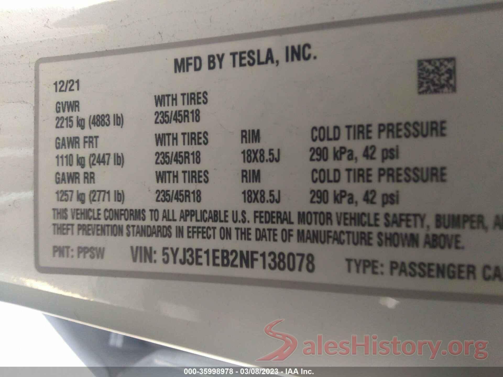 5YJ3E1EB2NF138078 2022 TESLA MODEL 3