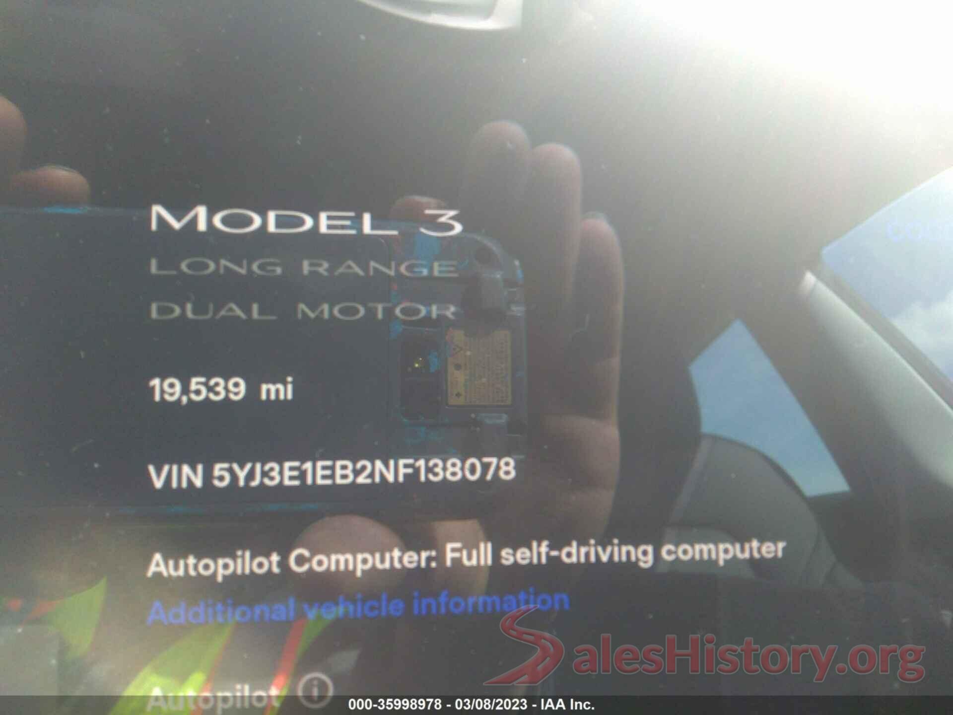 5YJ3E1EB2NF138078 2022 TESLA MODEL 3