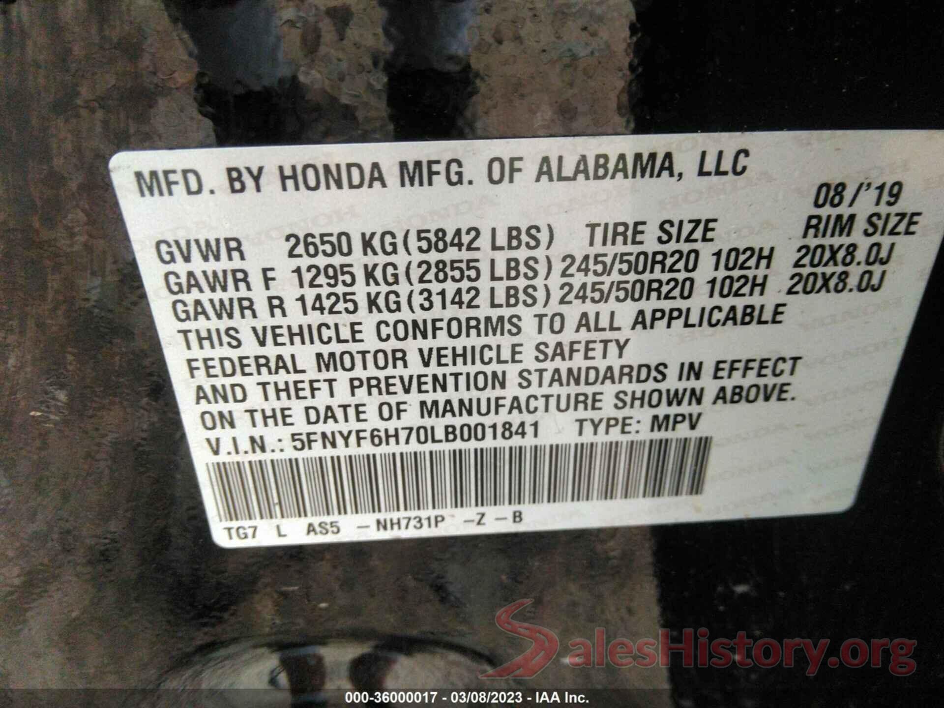 5FNYF6H70LB001841 2020 HONDA PILOT