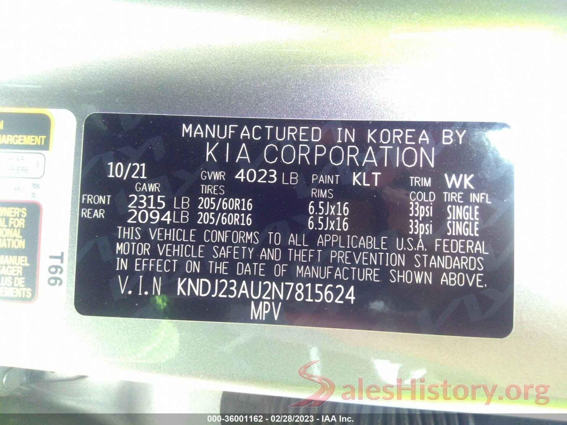 KNDJ23AU2N7815624 2022 KIA SOUL