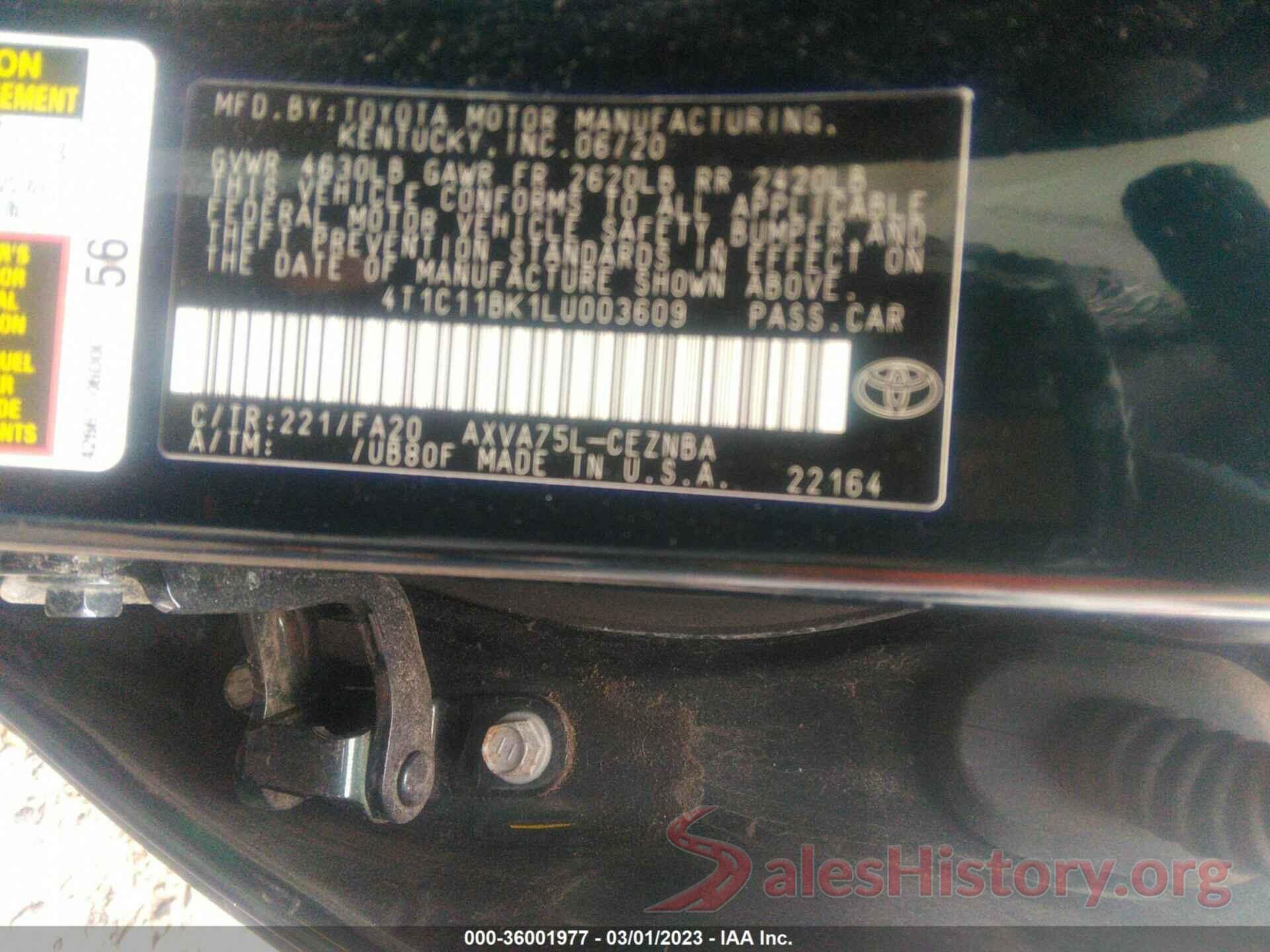 4T1C11BK1LU003609 2020 TOYOTA CAMRY