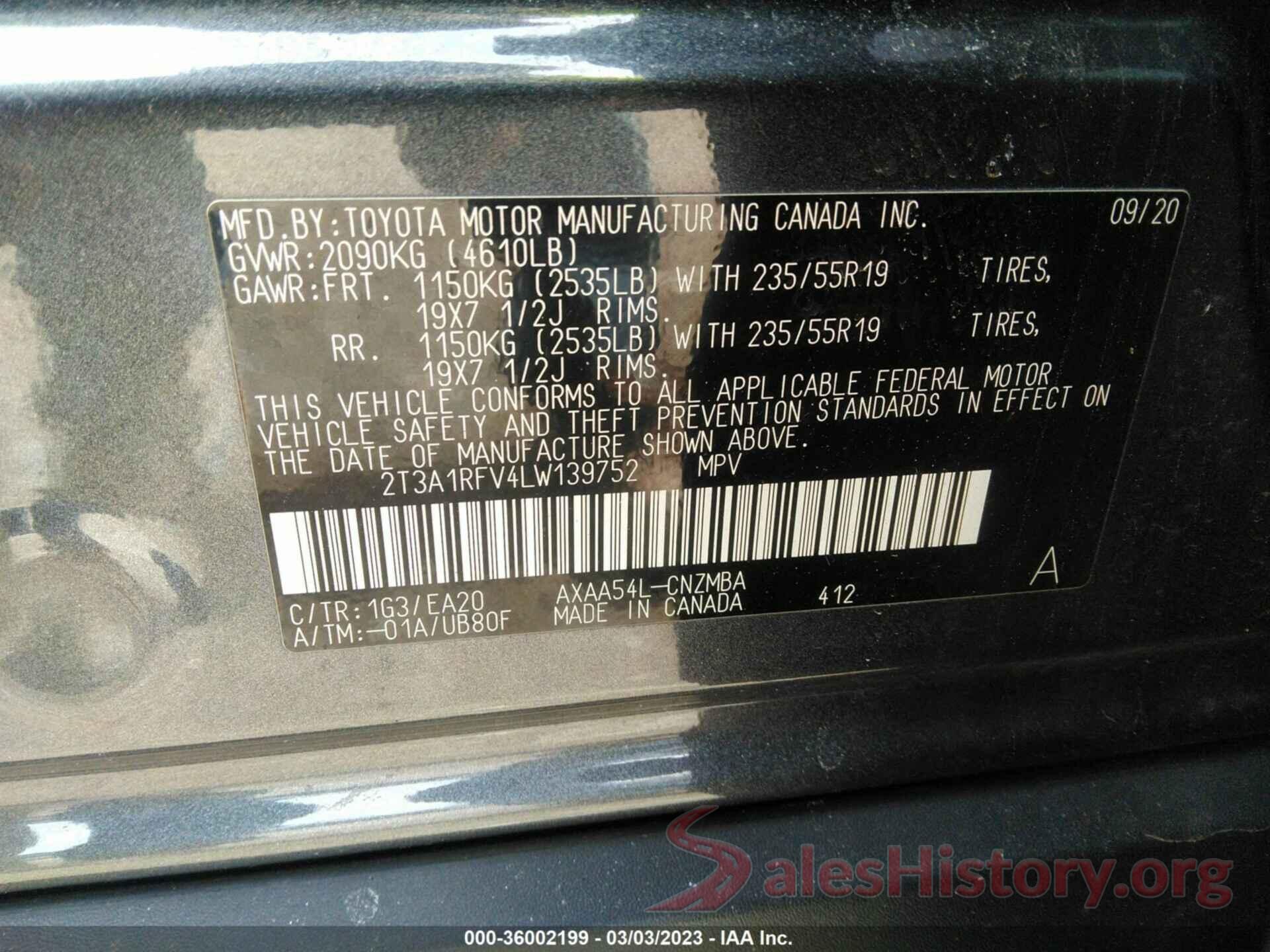 2T3A1RFV4LW139752 2020 TOYOTA RAV4