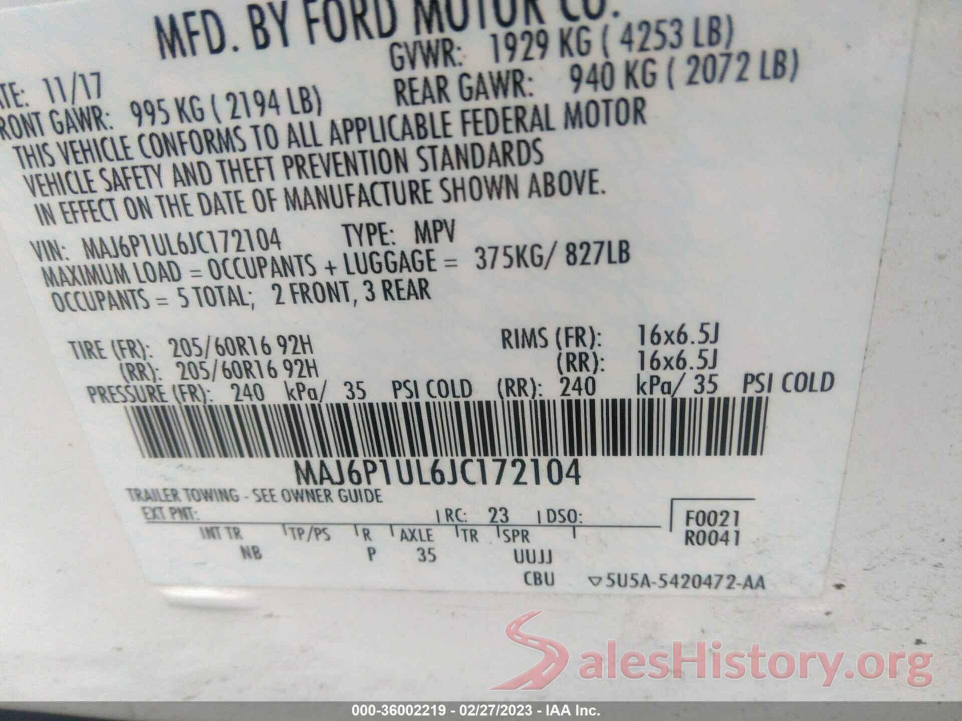 MAJ6P1UL6JC172104 2018 FORD ECOSPORT