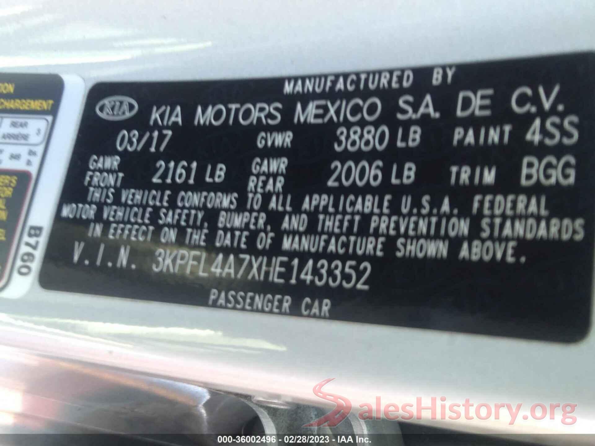 3KPFL4A7XHE143352 2017 KIA FORTE