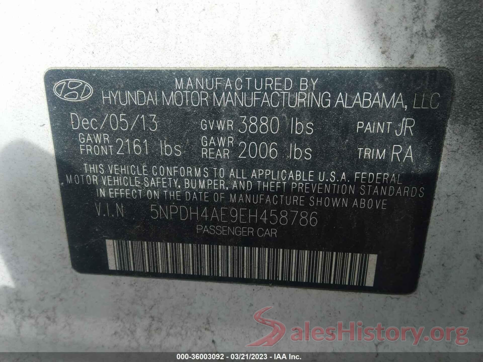 5NPDH4AE9EH458786 2014 HYUNDAI ELANTRA