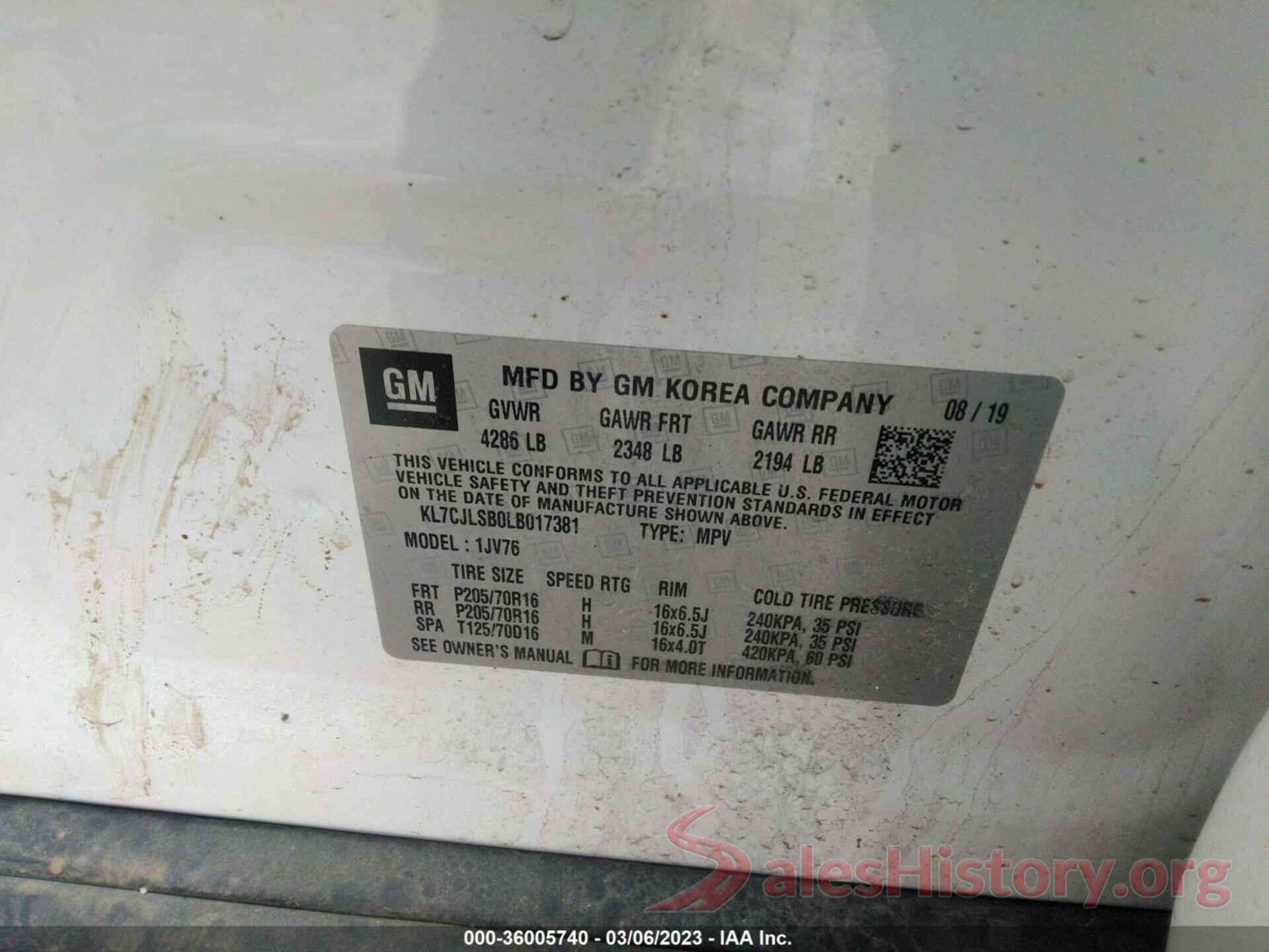 KL7CJLSB0LB017381 2020 CHEVROLET TRAX