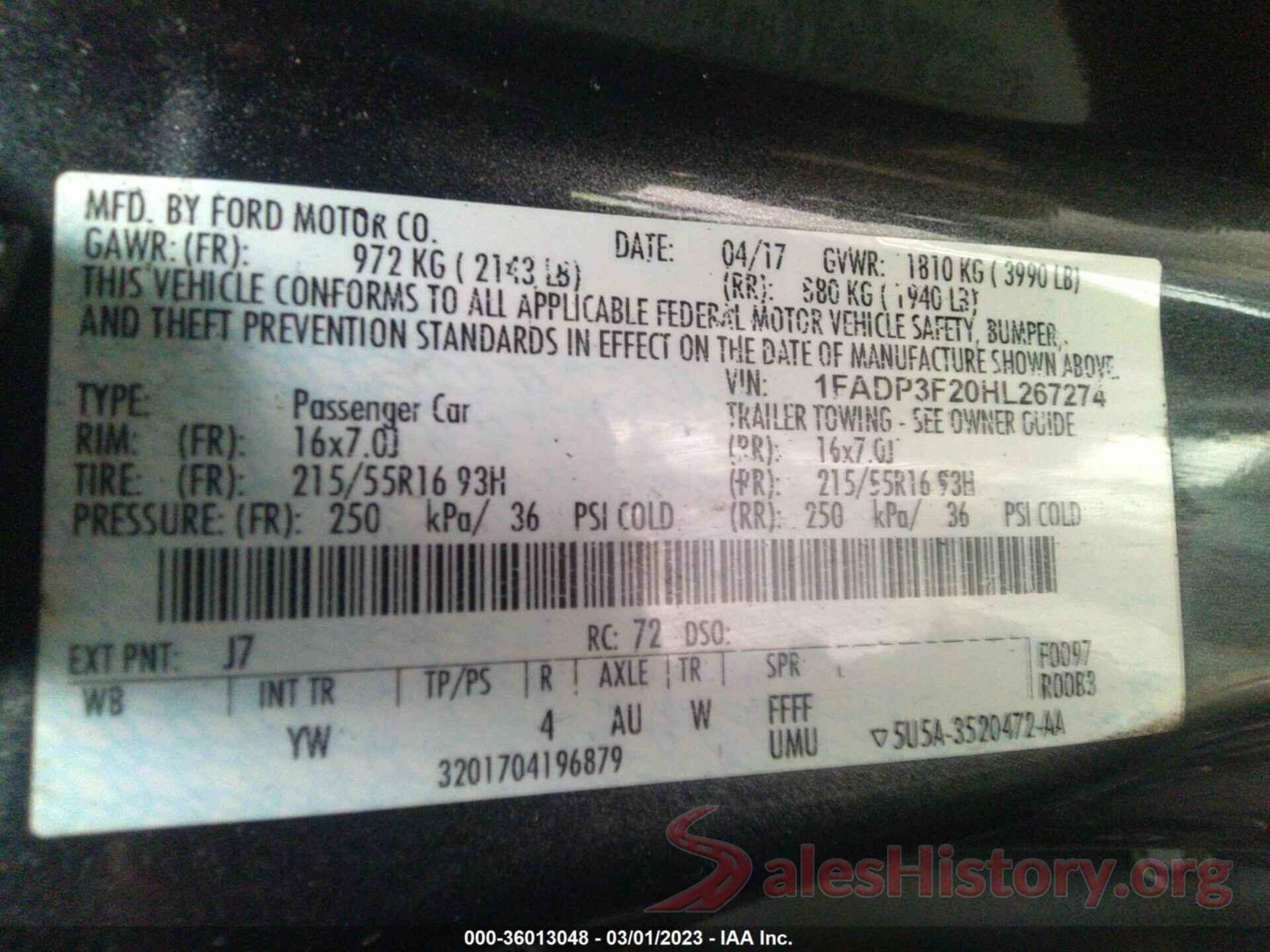 1FADP3F20HL267274 2017 FORD FOCUS