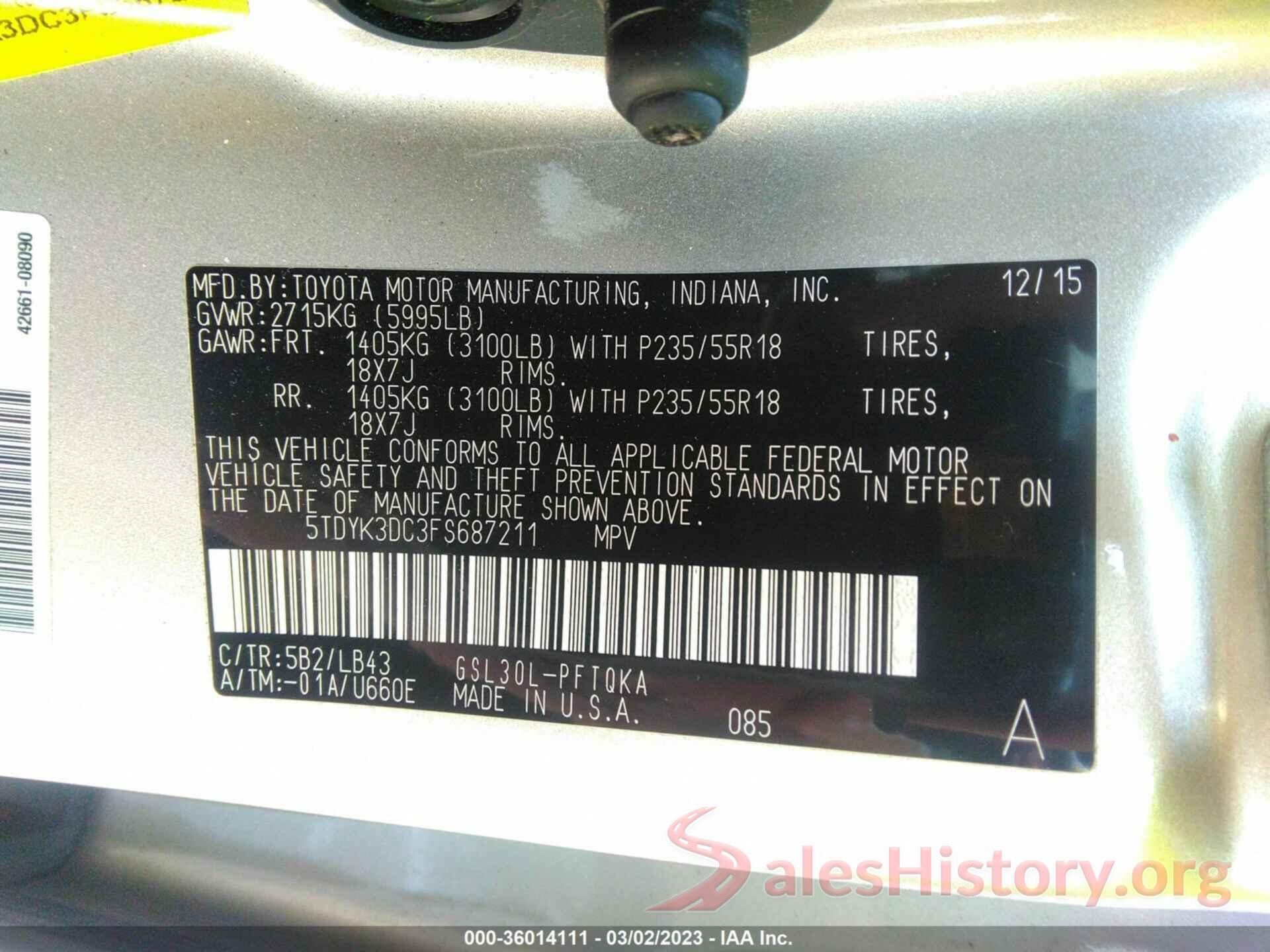 5TDYK3DC3FS687211 2015 TOYOTA SIENNA