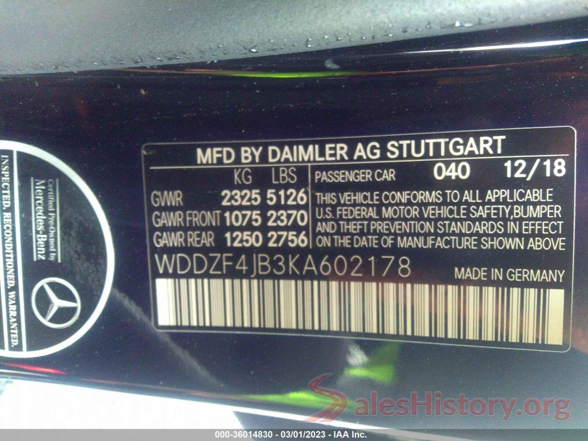 WDDZF4JB3KA602178 2019 MERCEDES-BENZ E-CLASS