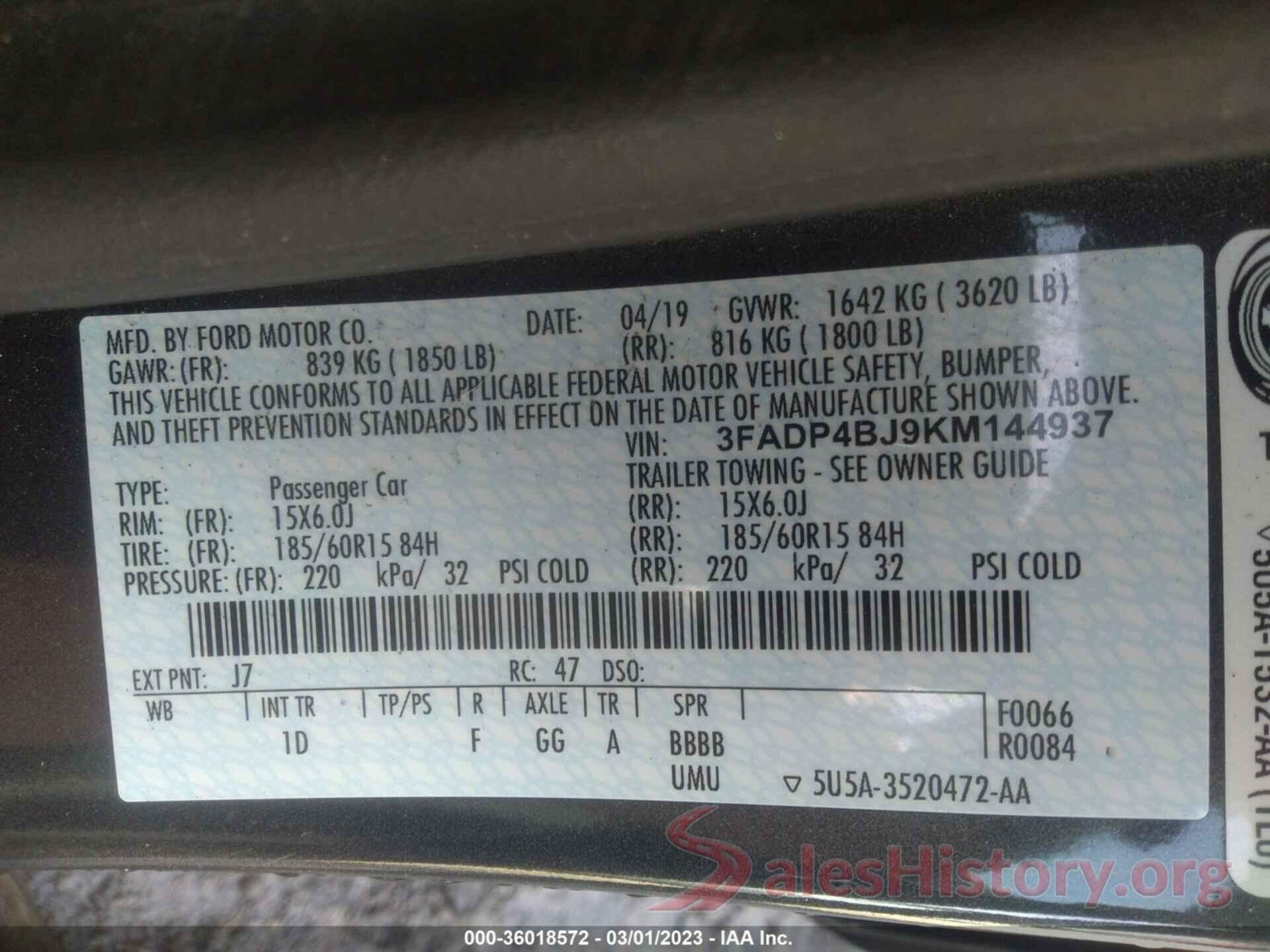 3FADP4BJ9KM144937 2019 FORD FIESTA