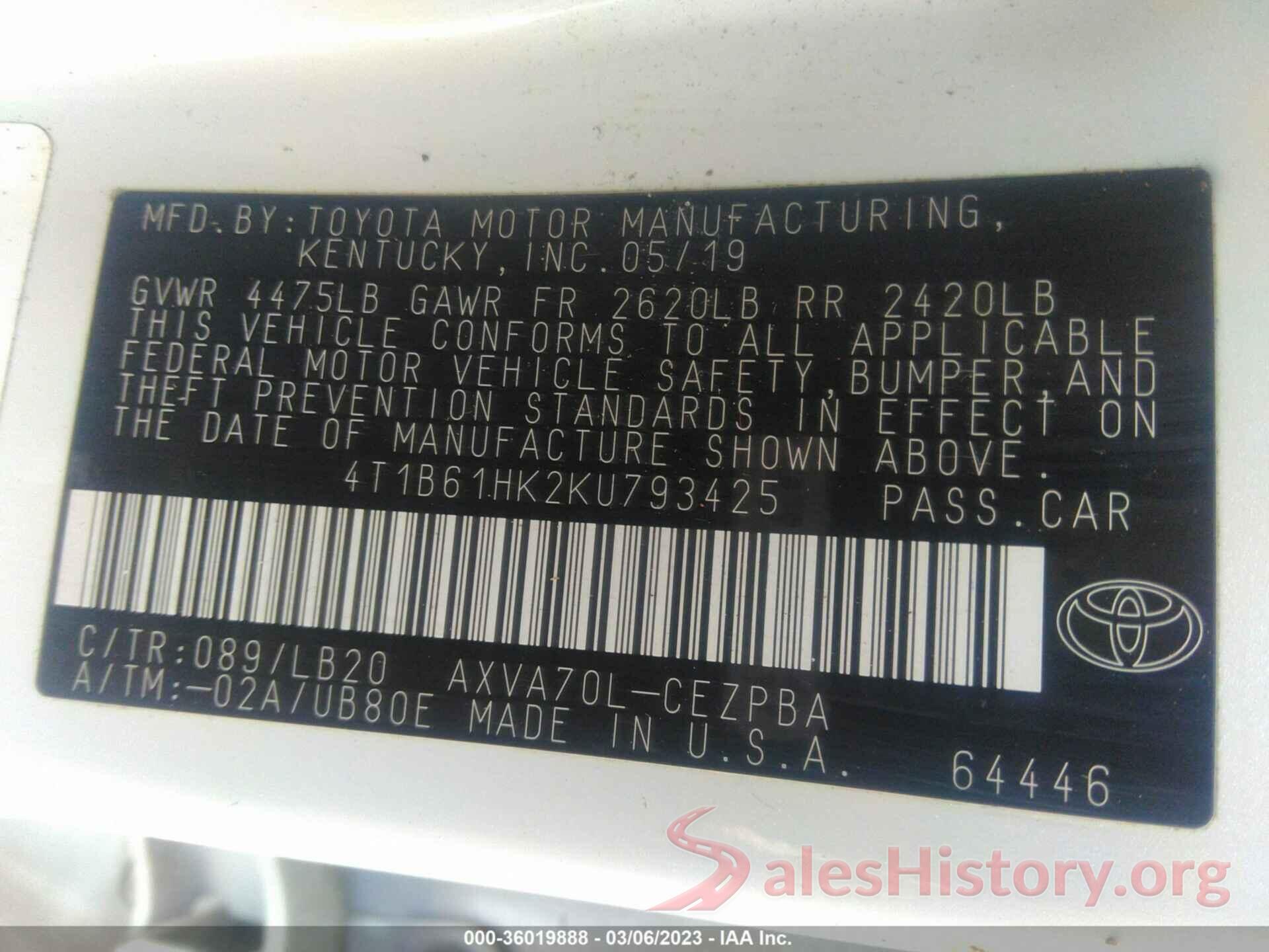 4T1B61HK2KU793425 2019 TOYOTA CAMRY