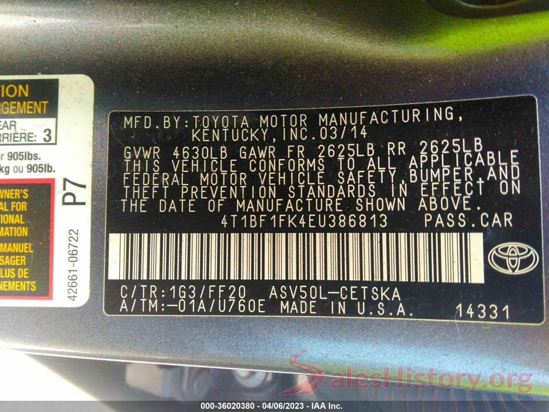 4T1BF1FK4EU386813 2014 TOYOTA CAMRY