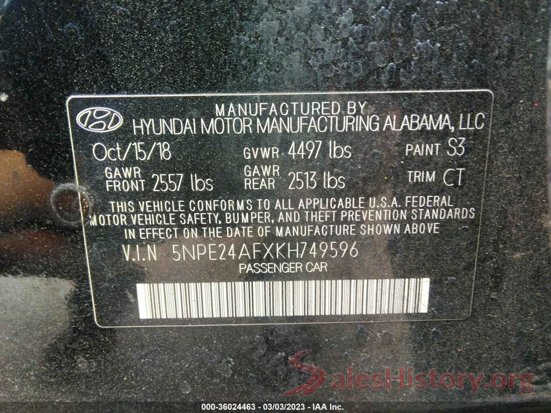 5NPE24AFXKH749596 2019 HYUNDAI SONATA