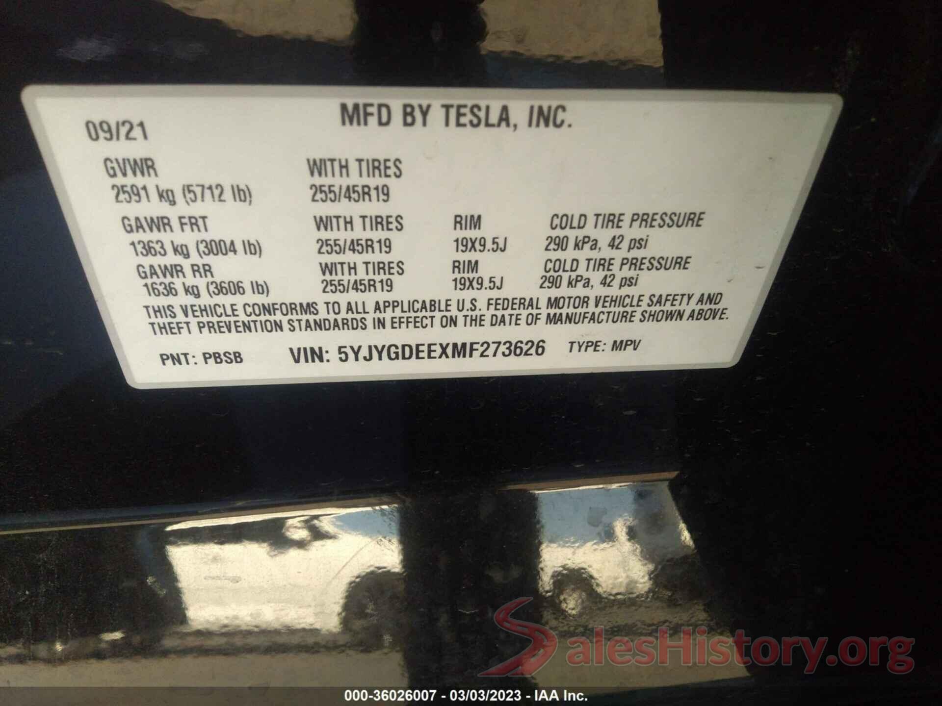 5YJYGDEEXMF273626 2021 TESLA MODEL Y