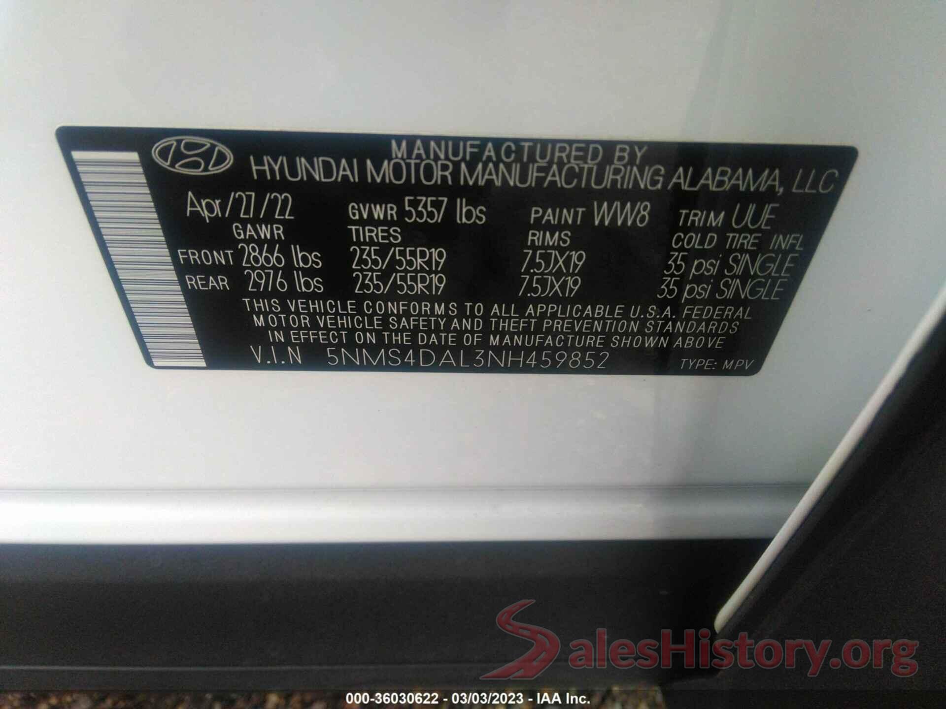 5NMS4DAL3NH459852 2022 HYUNDAI SANTA FE