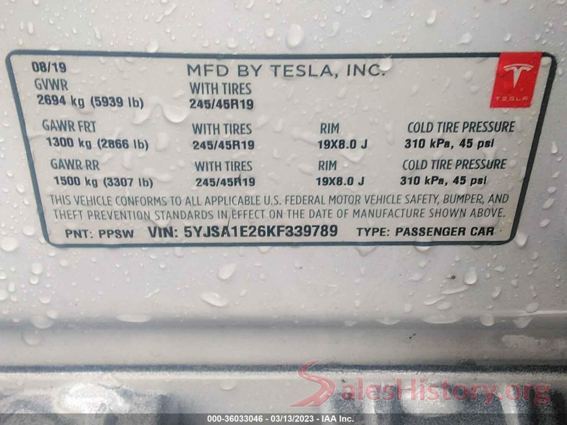 5YJSA1E26KF339789 2019 TESLA MODEL S