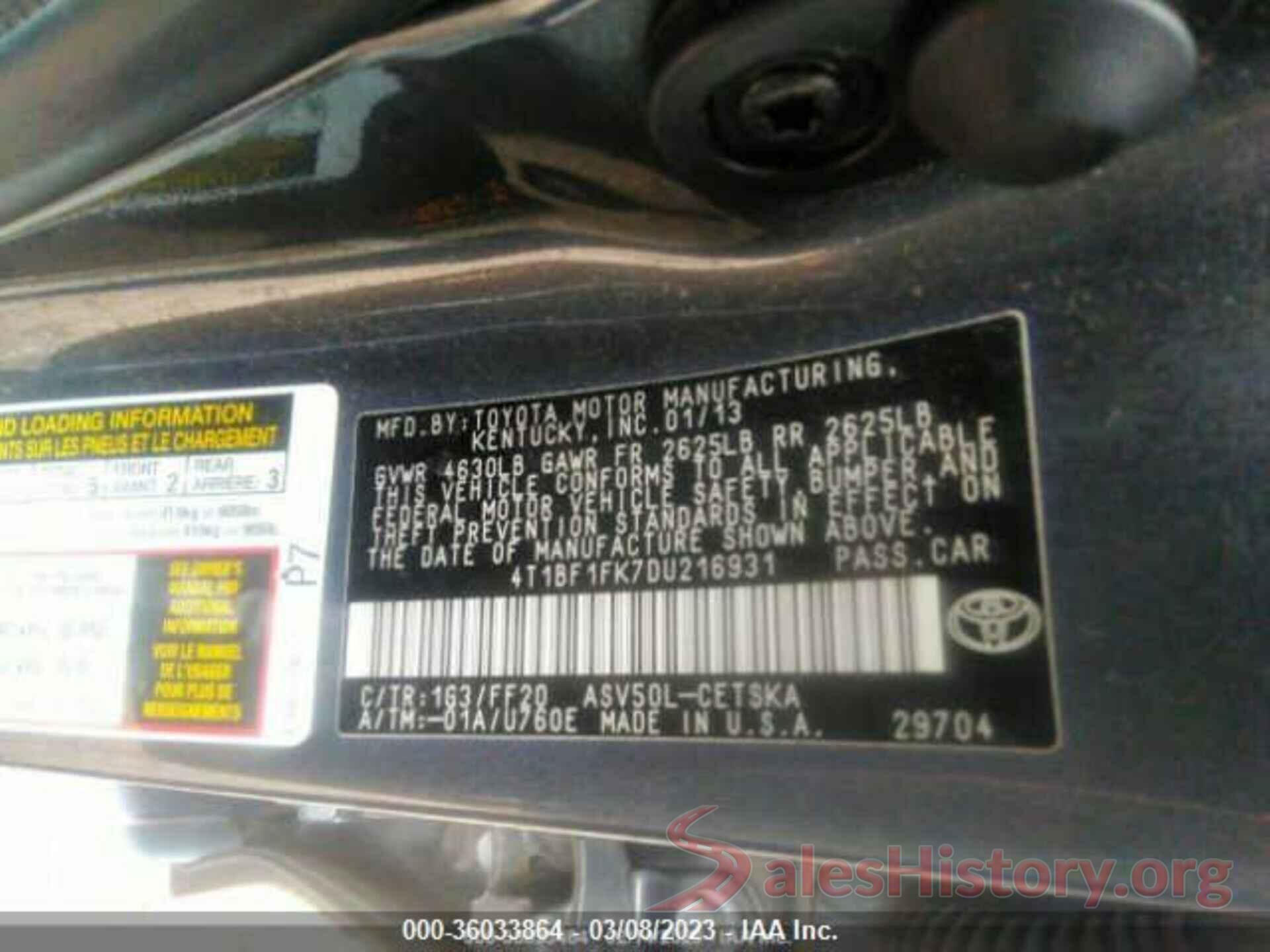 4T1BF1FK7DU216931 2013 TOYOTA CAMRY