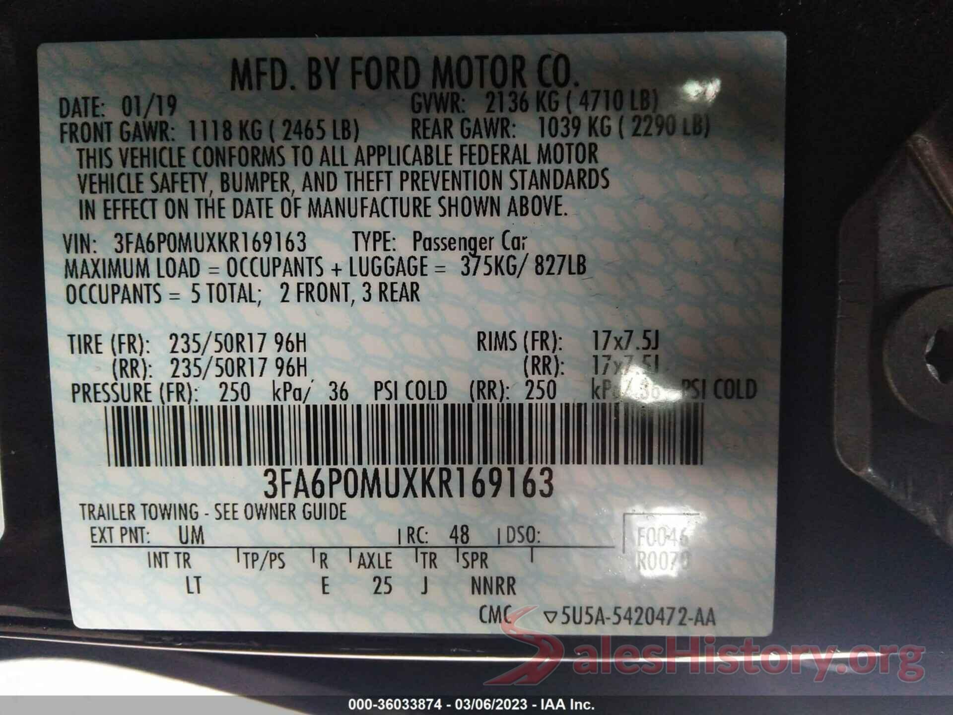 3FA6P0MUXKR169163 2019 FORD FUSION HYBRID