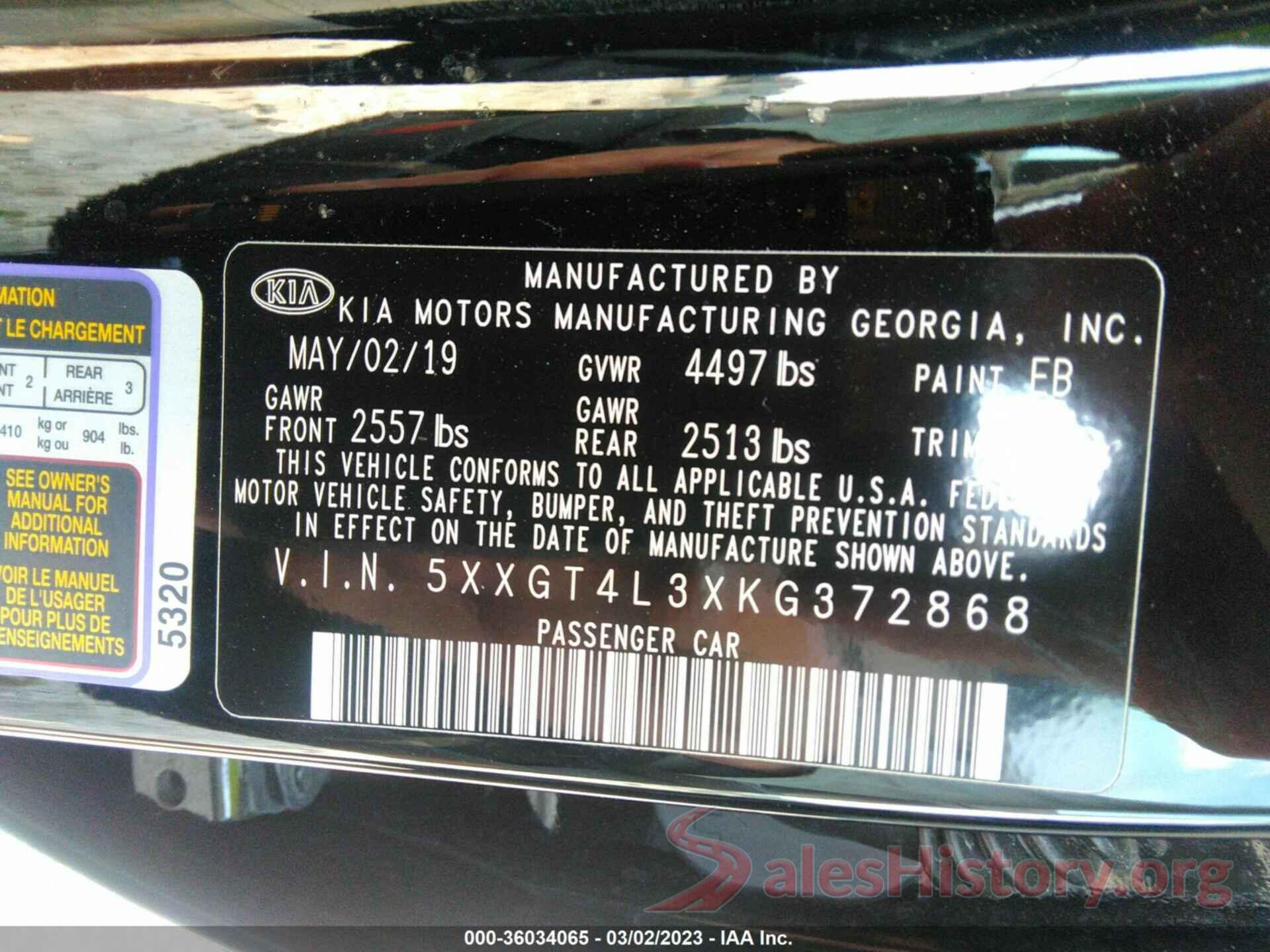 5XXGT4L3XKG372868 2019 KIA OPTIMA