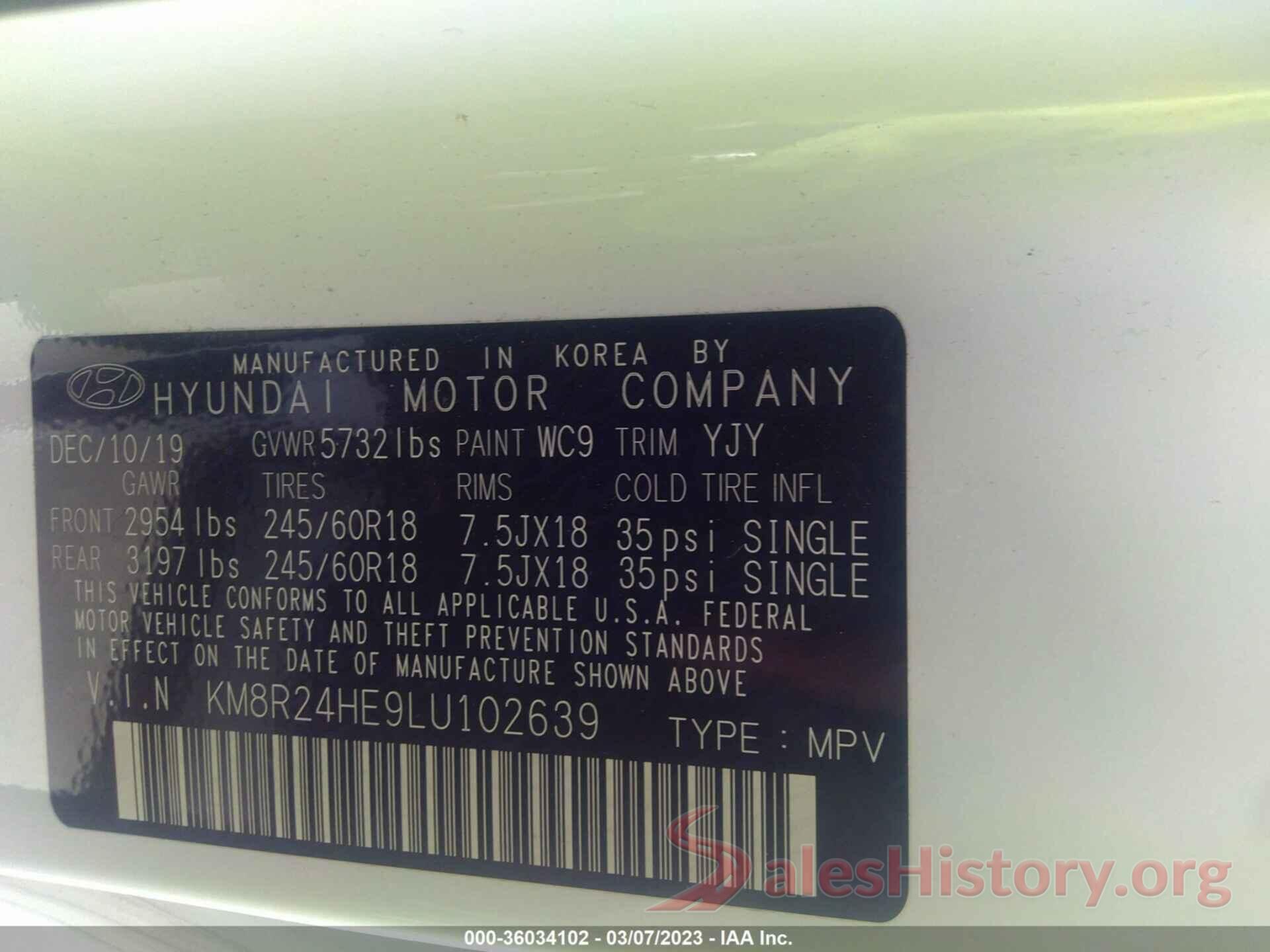 KM8R24HE9LU102639 2020 HYUNDAI PALISADE