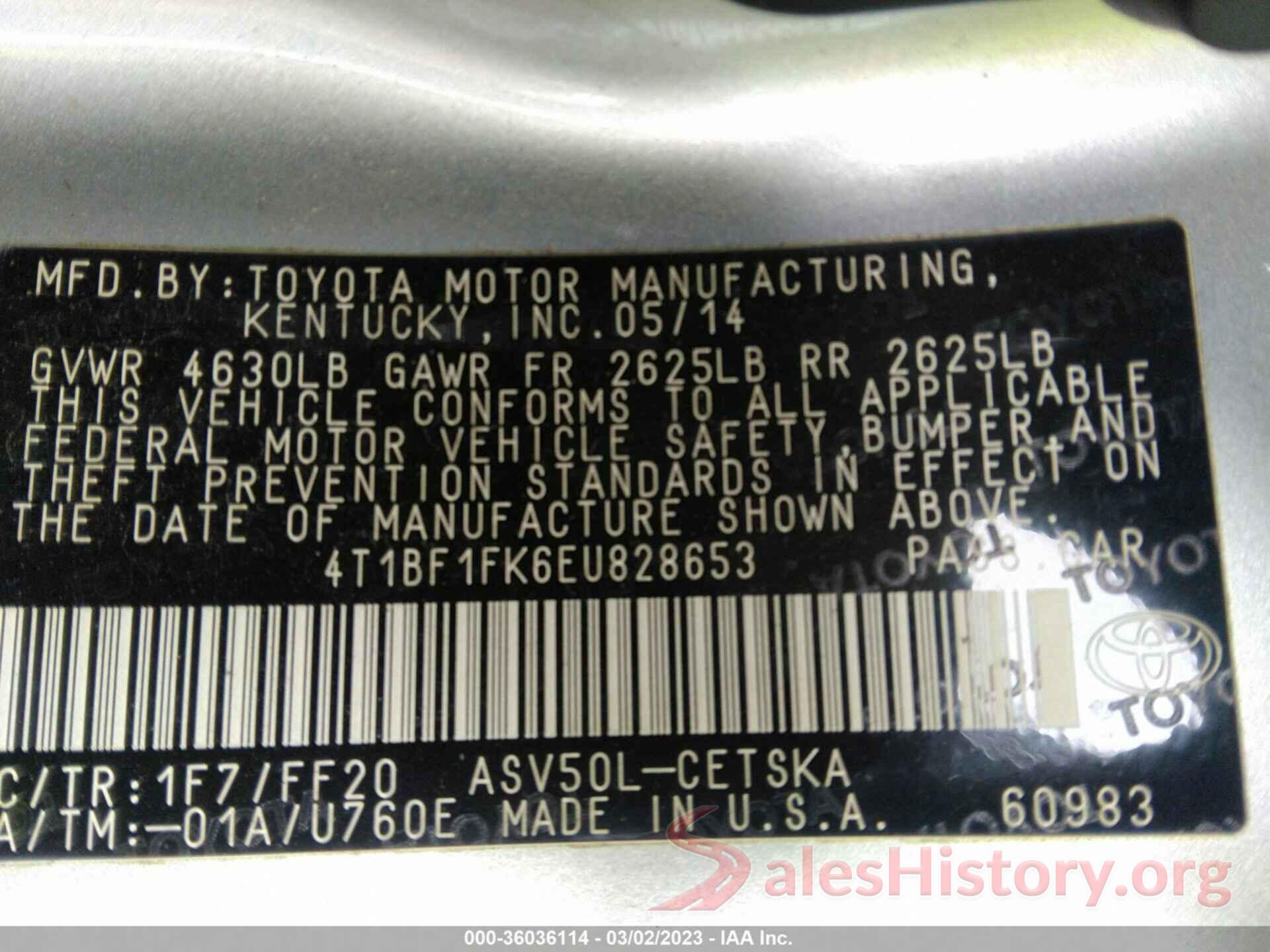 4T1BF1FK6EU828653 2014 TOYOTA CAMRY