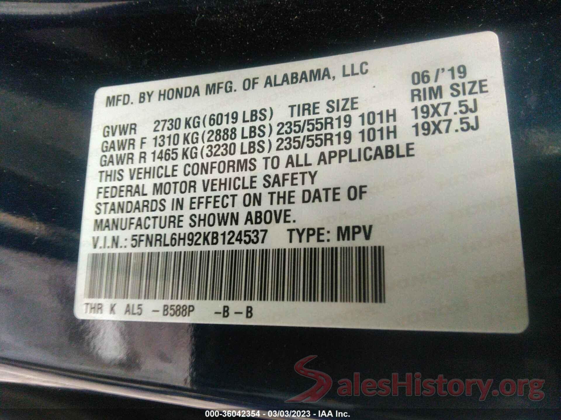 5FNRL6H92KB124537 2019 HONDA ODYSSEY