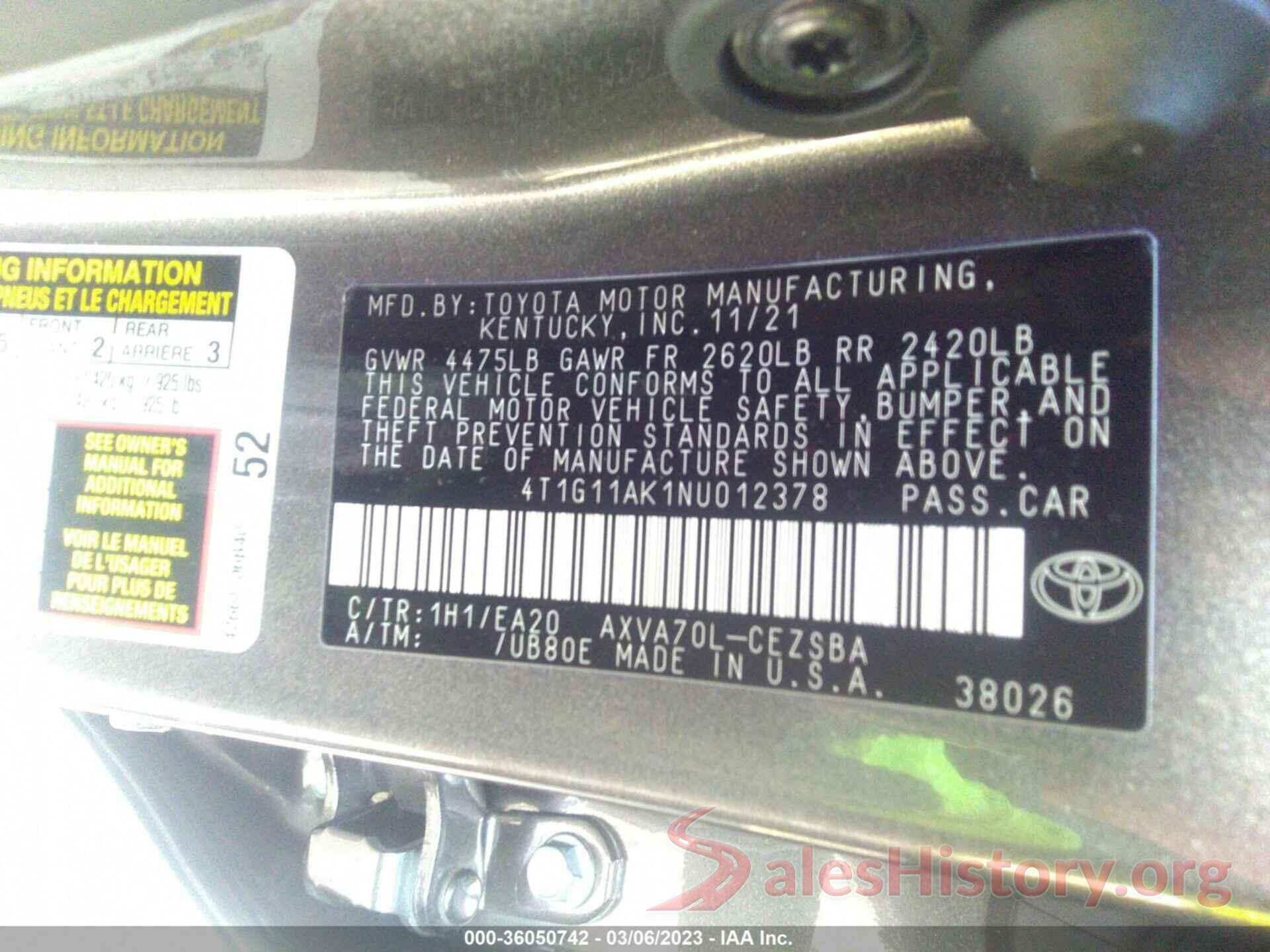 4T1G11AK1NU012378 2022 TOYOTA CAMRY