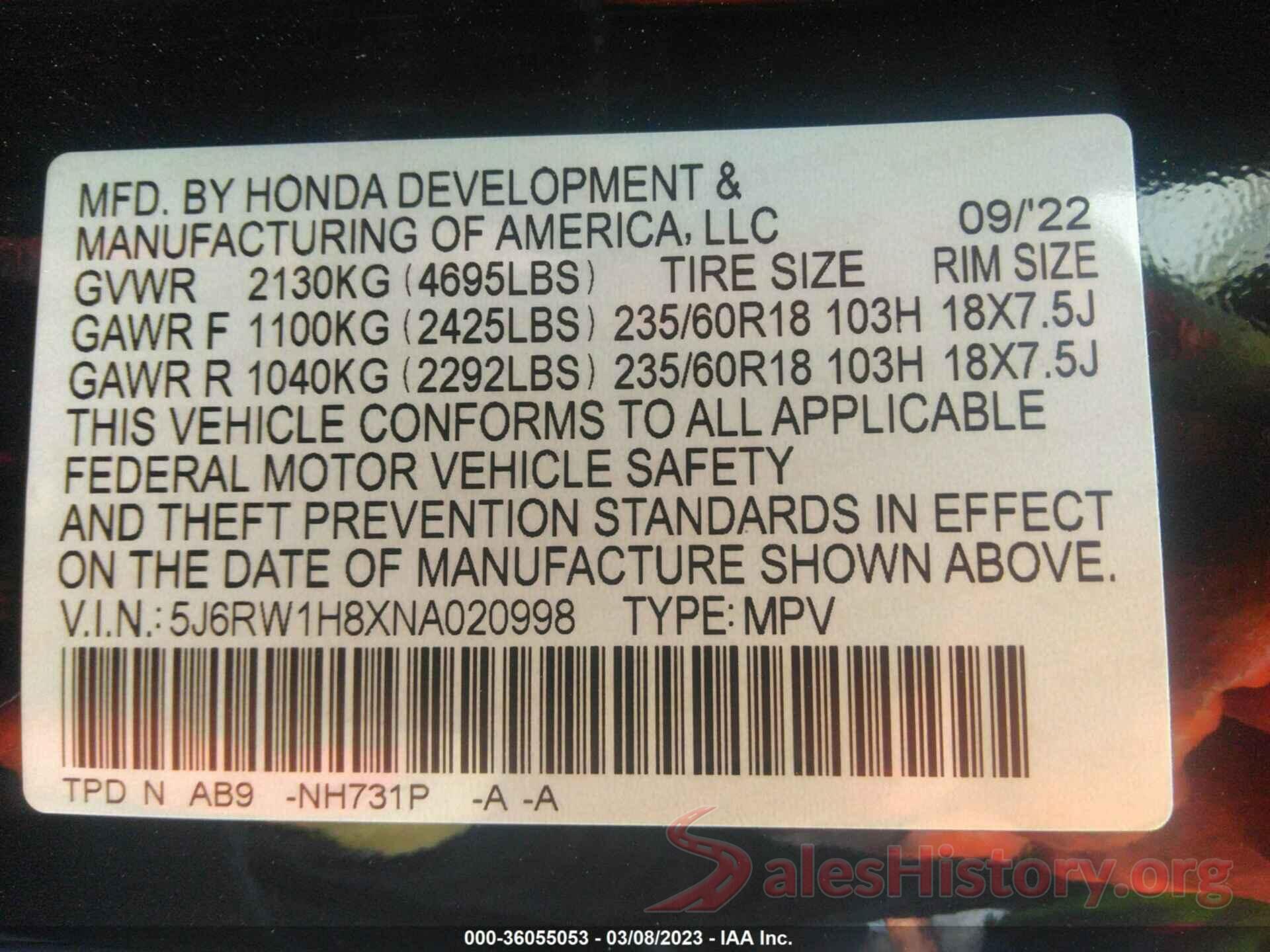 5J6RW1H8XNA020998 2022 HONDA CR-V