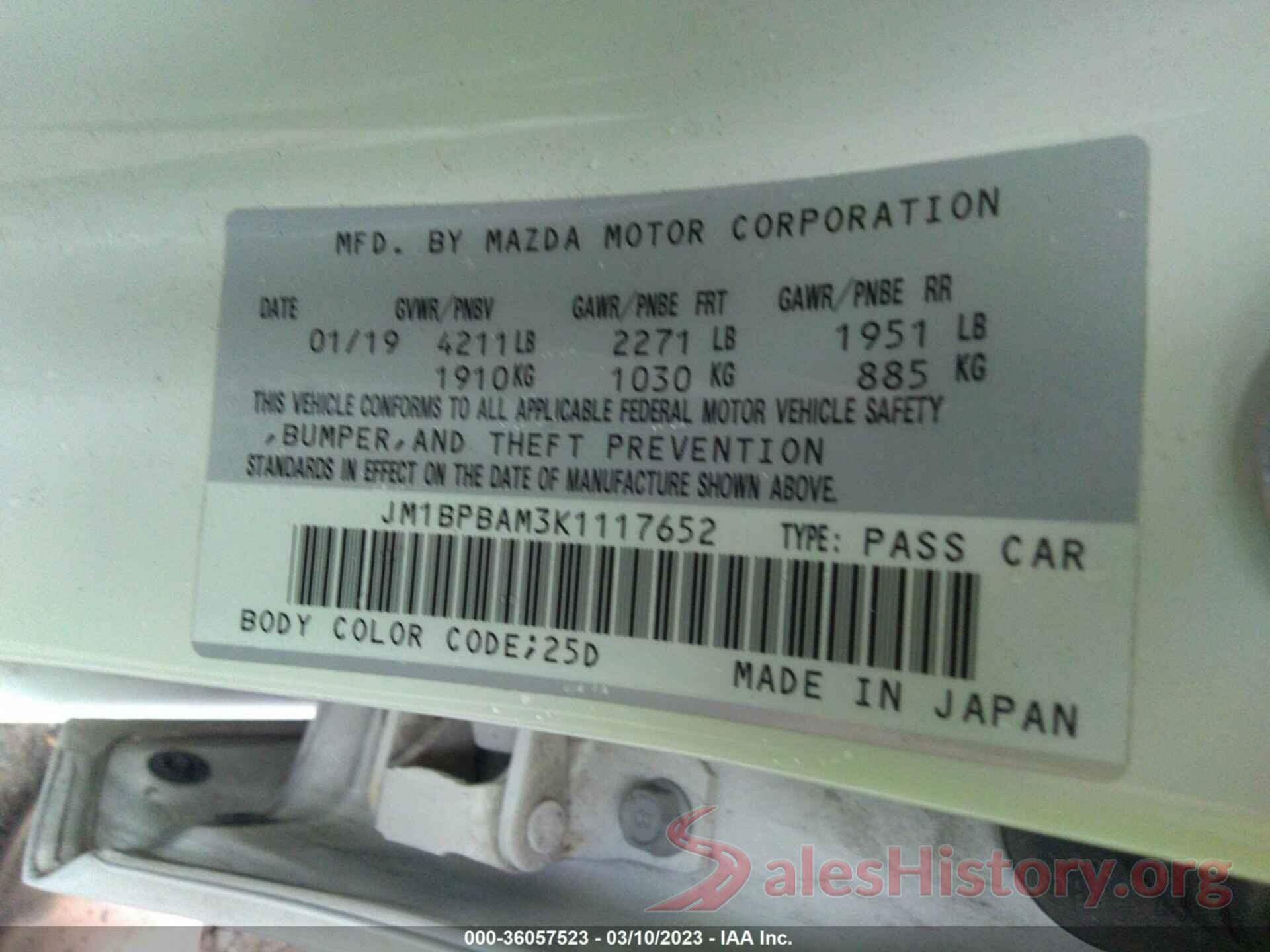 JM1BPBAM3K1117652 2019 MAZDA MAZDA3 SEDAN