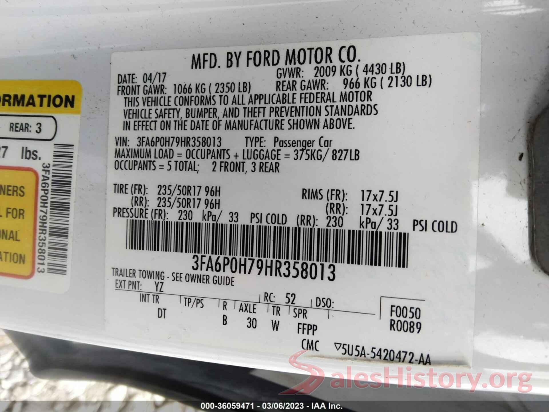 3FA6P0H79HR358013 2017 FORD FUSION