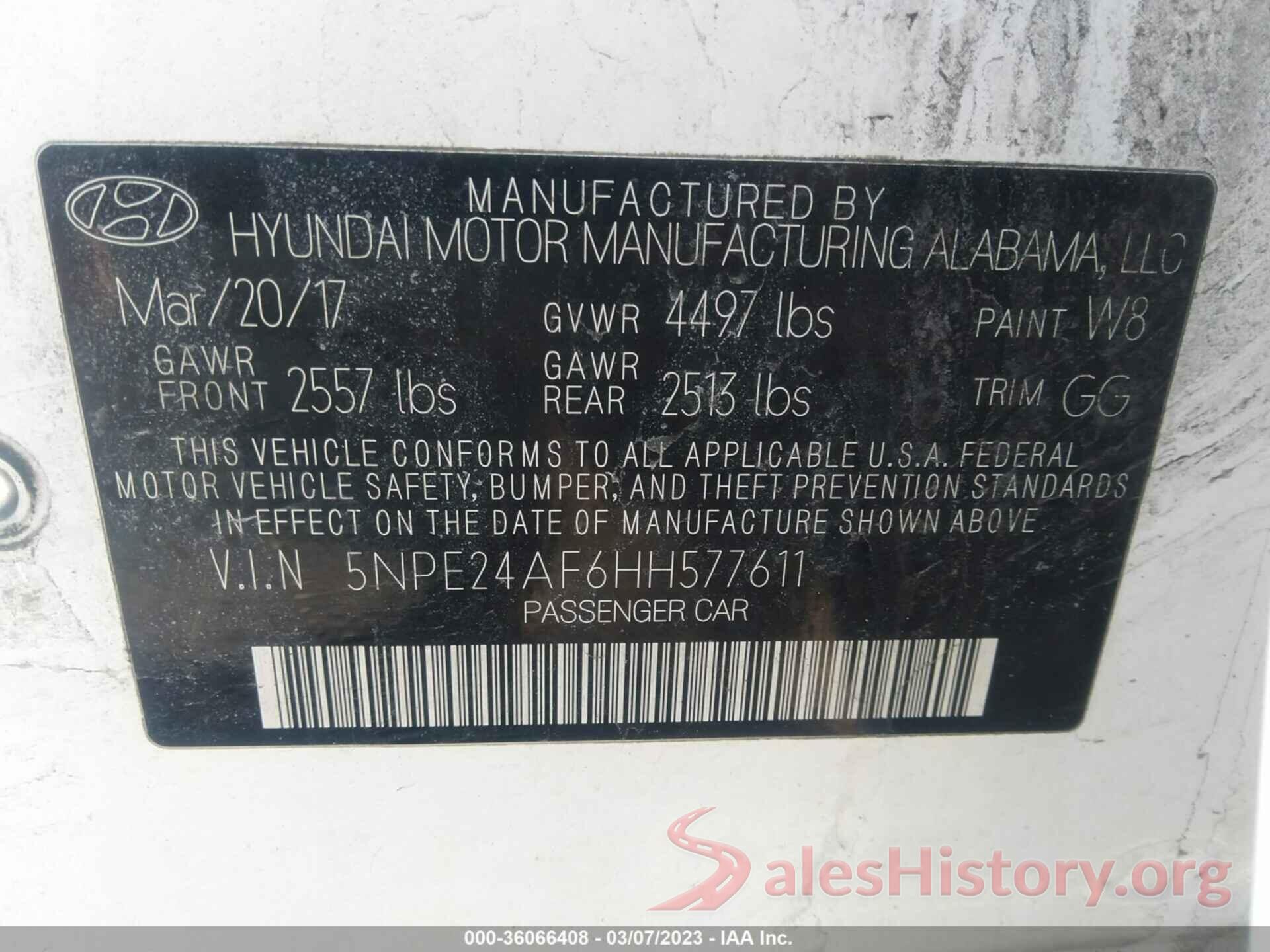 5NPE24AF6HH577611 2017 HYUNDAI SONATA